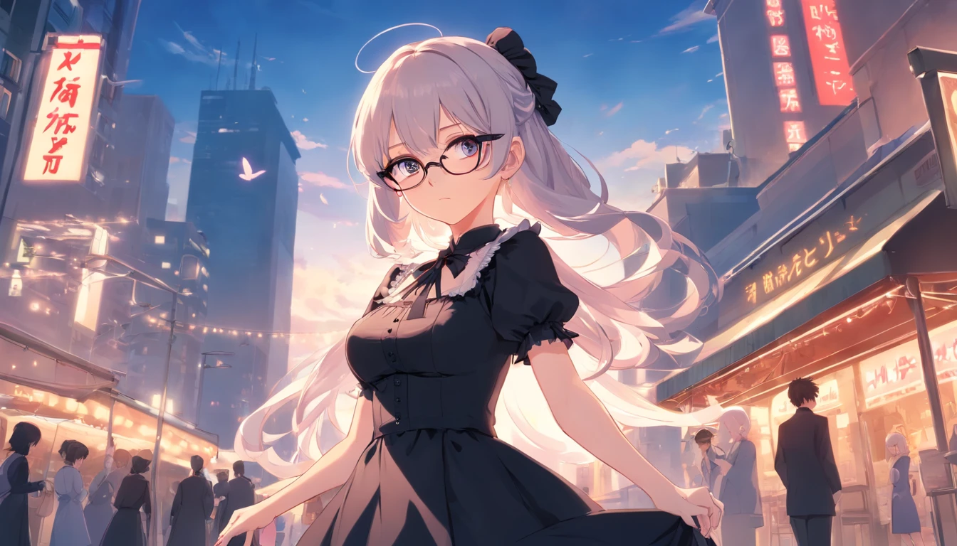 Anime girl with glasses and black even Lolita dress in the city,Bigchest,From Arknights,Come the Ark of Tomorrow,Ark of tomorrow,Black vintage dress,Black and white Lolita,female pervert,Super big breasts,Bigchest,Super long white hair,Long white hair,whaite hair,long whitr hair,red - eyed,lilie,Black dress,Lolita prostitute, Best anime 4K wallpapers, anime moe art style,With glasses, portrait of lolita
