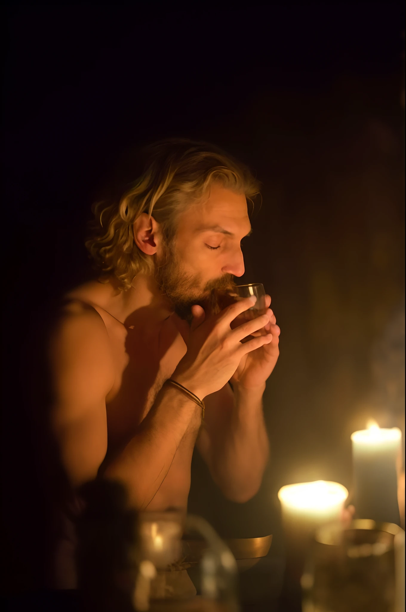 Adult man between 40 and 45 years of age, skinny, well-built, with English descent, green eyes, fine nose, long yellow hair tied in a ponytail, with quartz and pendulum in hand, and a glass of champagne, with a diamond in the middle of the eyebrows, with iridescent silk shirt and mannered.