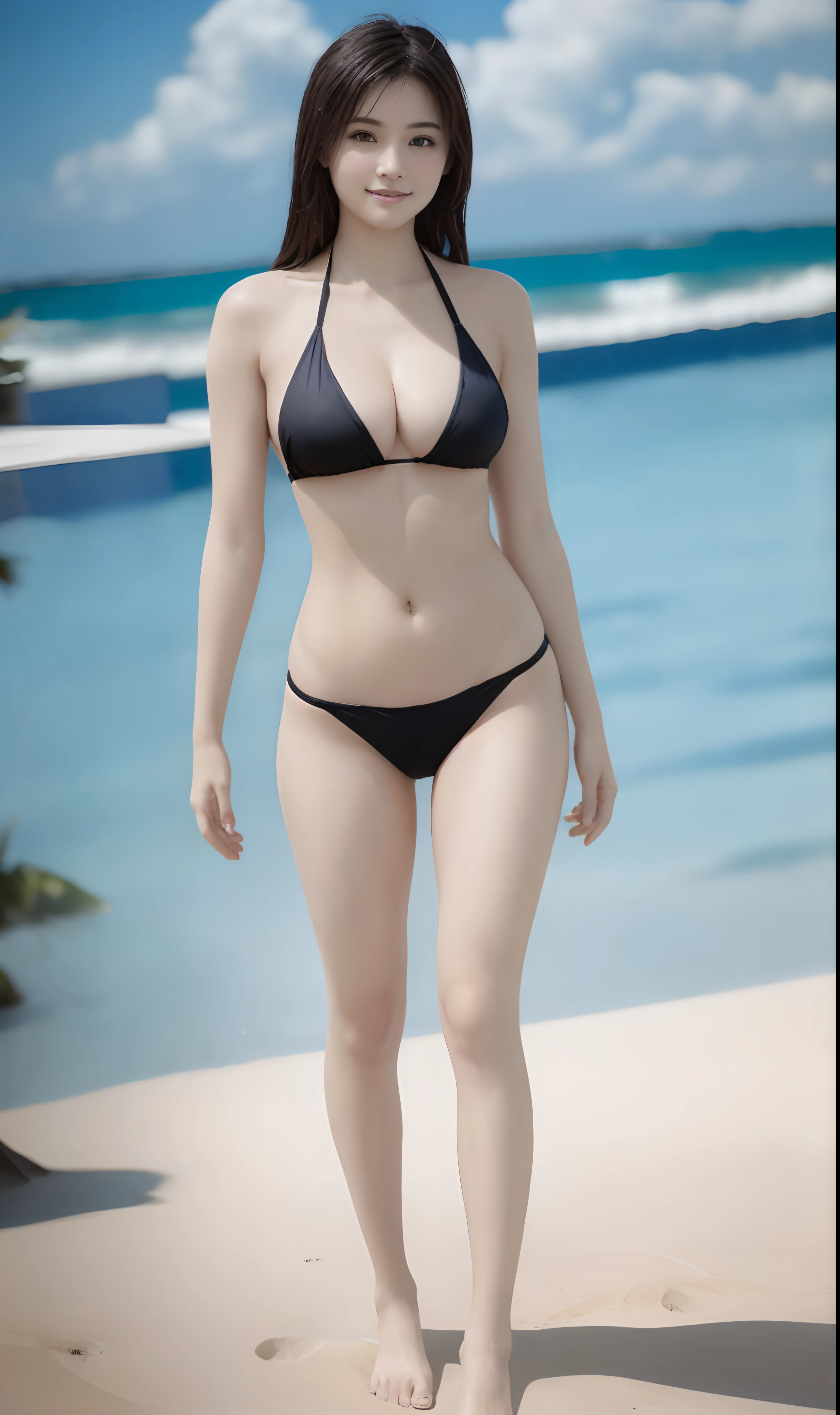 16k, ultra high res, best quality, high quality, masterpiece:1.3), (a professional photo of girl), RAW photo, realistic illustration, (ultra detailed eyes and face), (ultra detailed beautiful skin), (full body shot), elegant sleek smooth body, sultry body, perfect body, attractive body, photorealistic perfect body, Petite facial features, Super Detail Beautiful Natural Skin, natural makeup, narrow waist, ((slender)), (wide hips), cleavage, she is very sexy, she is cute and beautiful, woman in a micro bikini standing in the surf on a sunny day, in micro bikini, is wearing a micro bikini, bikini model, skinny waist and thick hips, in a micro bikini, curvy figure, gorgeous bikini model, running on a beach with the ocean, wearing a micro bikini, attractive body, posing on the beach, curvy model, smile, (full body shot), ((slender)),