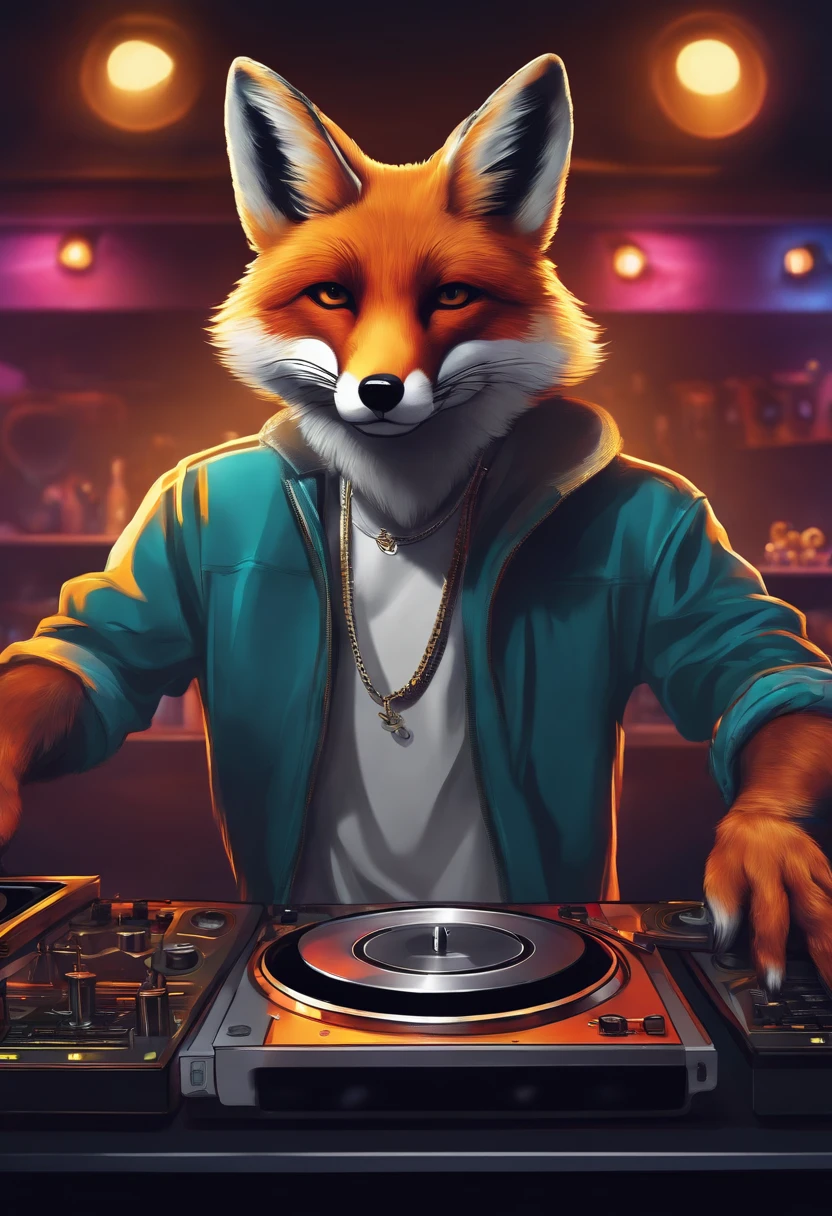 Imagine an illustration of a DJ hiphop fox in a bar