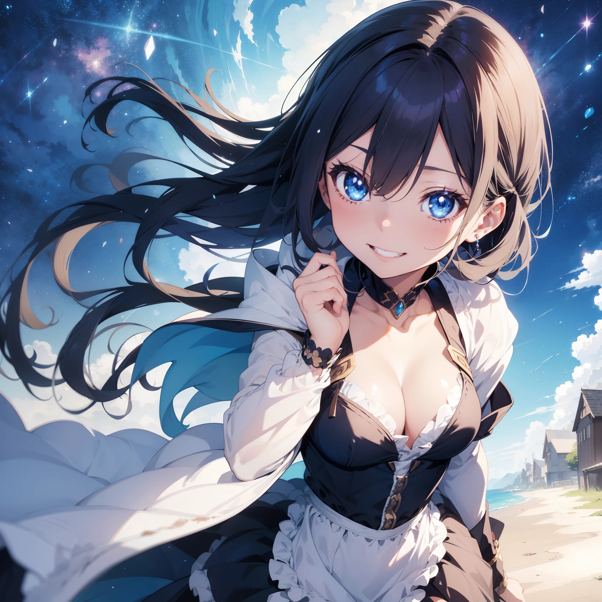 Anime girl with blue eyes and blue luxurious long dress, Smile with double teeth、Smooth Anime CG Art,Chest、Hair colorlight blue、Beautiful luster、watercolor paiting、Detailed Digital Animation Art、Realistic shiny armor,Half Up Hair、Short curly hair、Circlet adorned with jewels、Portrait anime girl rendering、Transparent anime art, Anime visuals of cute girls, Fantastic landscape background spreads out、Drawn in an anime studio,  Cute 2D anime girl rendering、