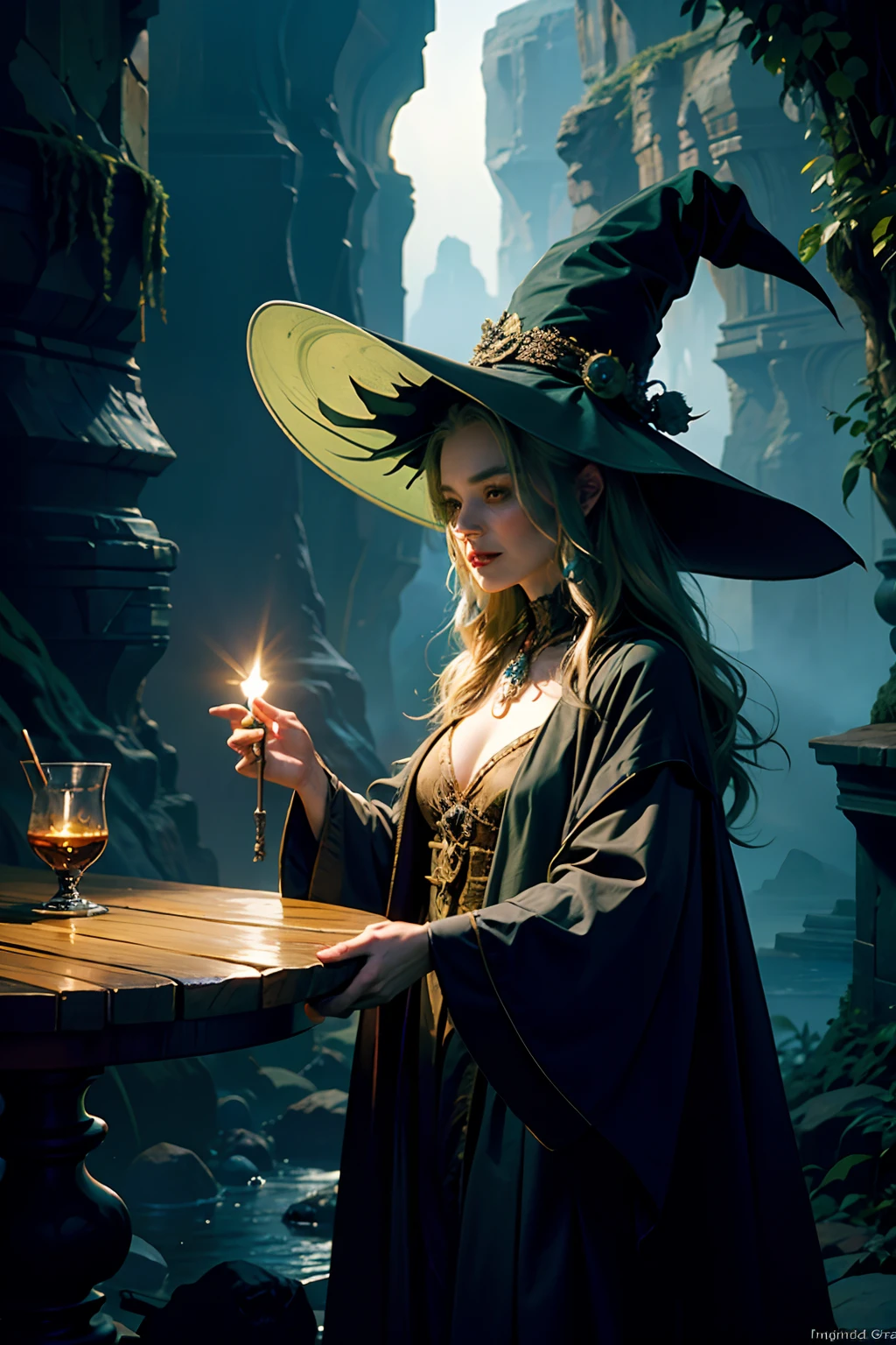 A woman who is an ugly old green witch, with dark robe and pointy hat, standing behind a table, mixing a deadly potion, background is a canyon with dark night sky, mood is fractious, recalcitrant, aggravating, agitating, night time light, character design.