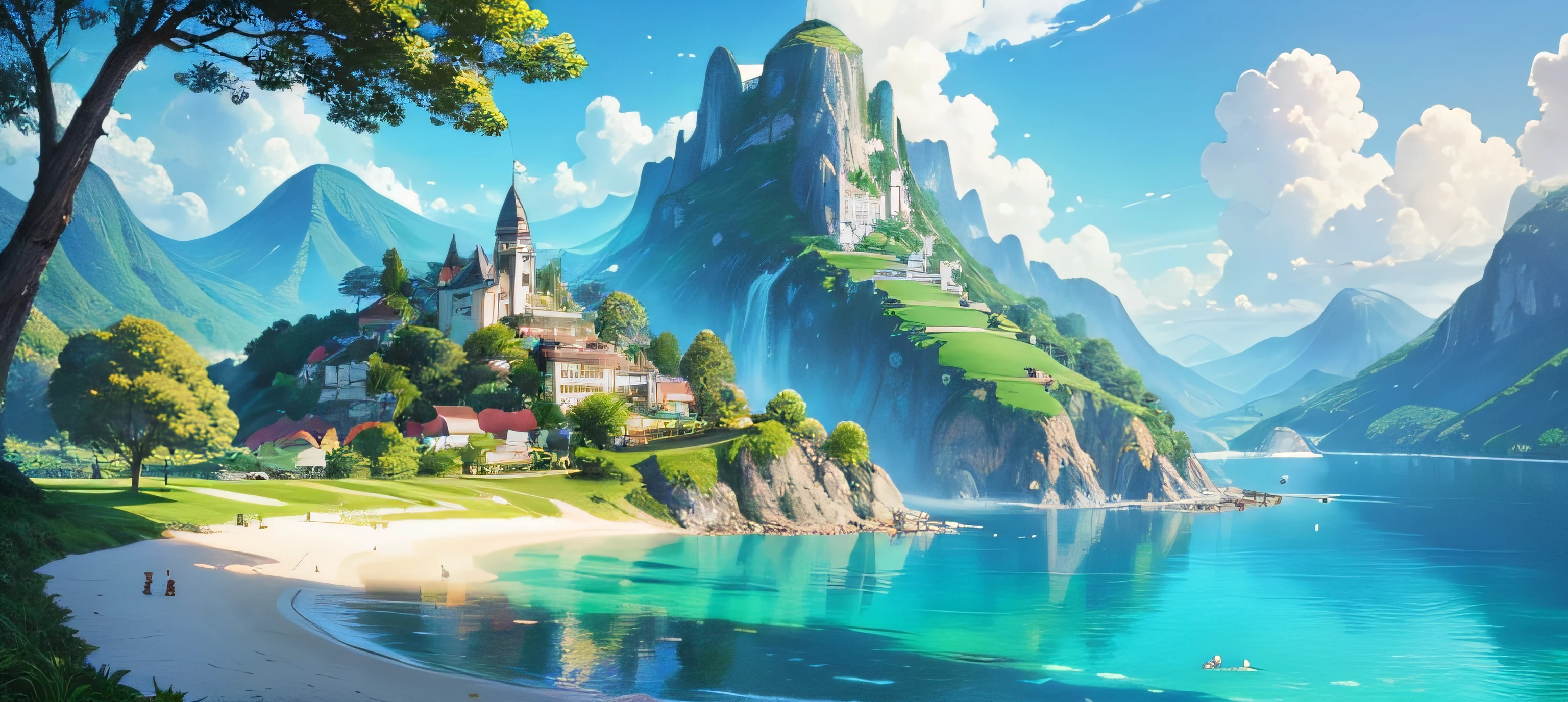 High-resolution, picturesque painting, idyllic world, vibrant blue sky, golden sun, peaceful landscape, joyful atmosphere, tranquil waters, lush greenery, happy people, harmonious scene, natural beauty, scenic view, dreamy, serene ambiance, optimistic mood, daydream-worthy, blissful paradise.