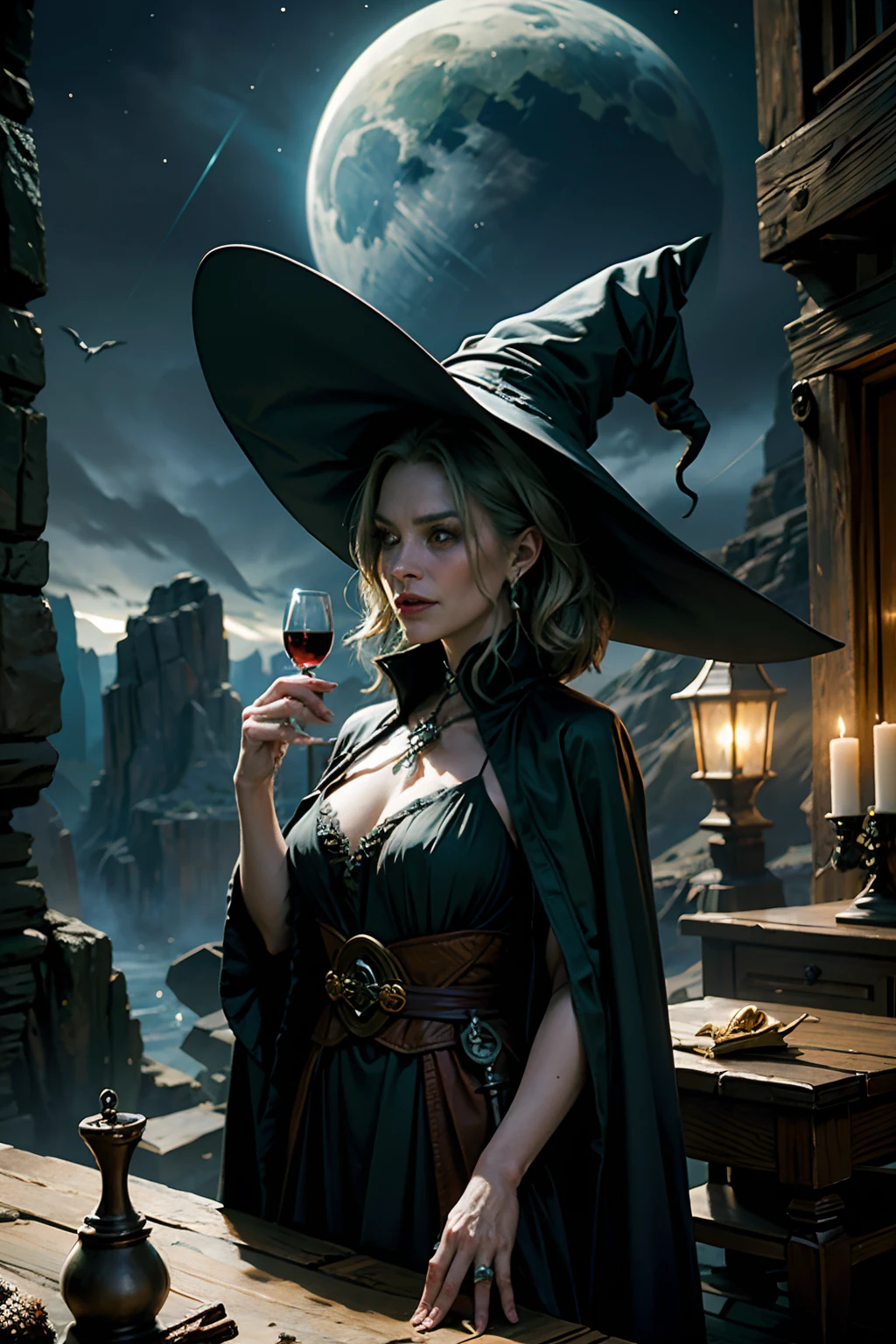 A woman who is an ugly old green witch, with dark robe and pointy hat, evil and angry, standing behind a table, mixing a deadly potion, background is a canyon with dark night sky, mood is fractious, recalcitrant, aggravating, agitating, night time light, character design.