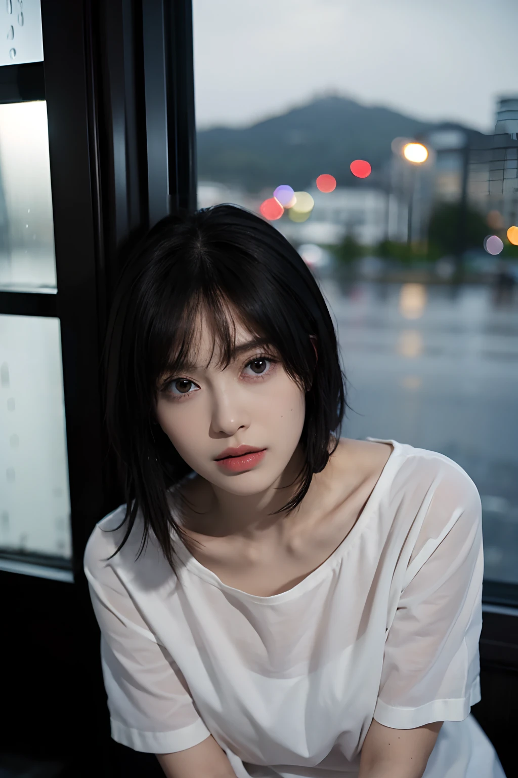 One beautiful woman, front, waist up angle, detailed eyes, big eyes, black eyes, fair skin, slender, black hair, short hair, wet hair, wet skin, background is hotel room with night view, rain outside window, water drops on window, swollen eyes, sad expression, sexy, dressed in plain white t-shirt, night, straight hair, bangs, nude , sexy