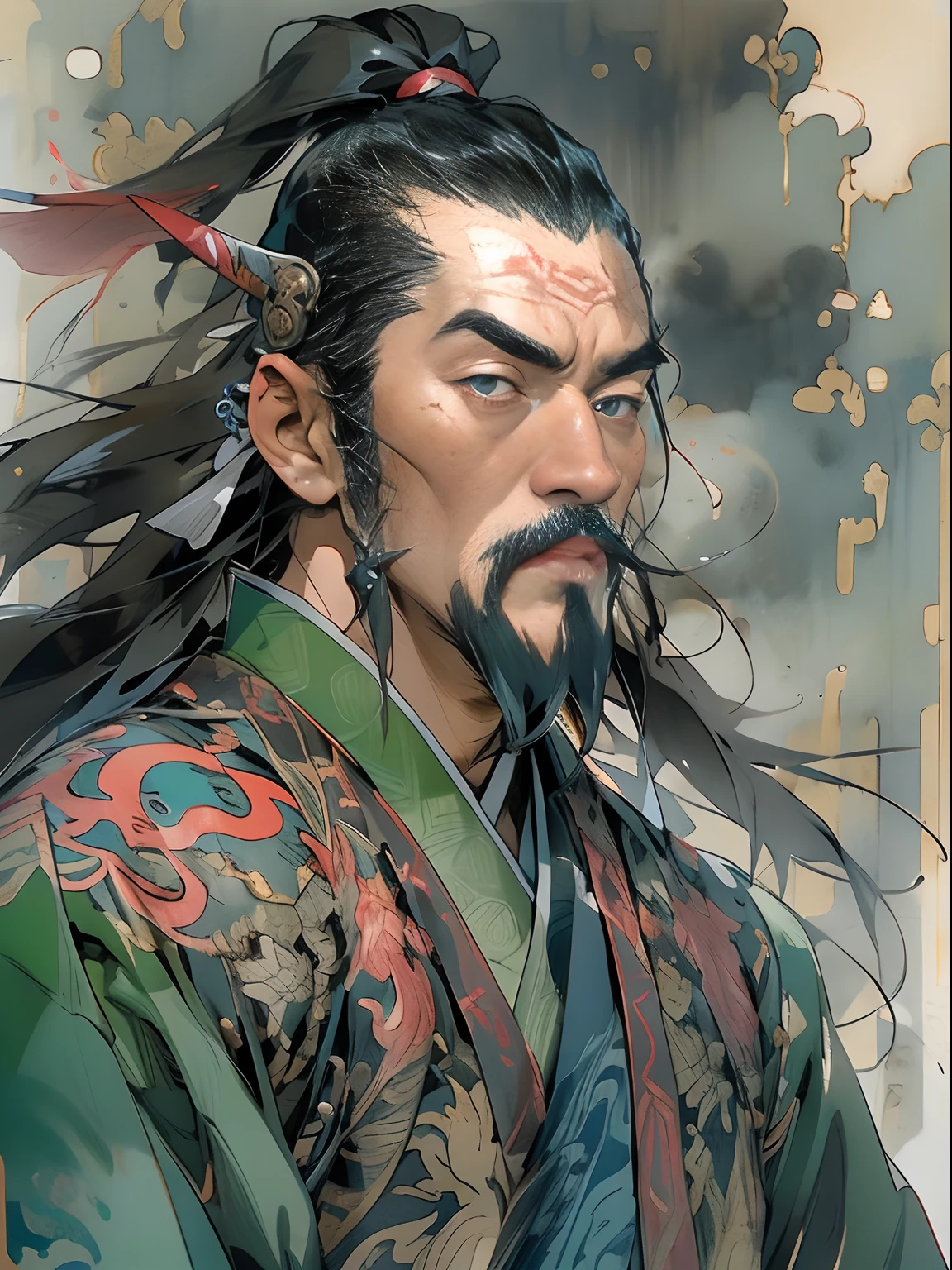 (((China-style，Ink painting method，Half-length portrait，Intense color，Han dynasty, China，Hanfu，Armor，Guan yu，Guan Yunchang，of a guy，Ruddy killing square face，Hold the Blue Dragon Moon Knife in his right hand，Stroke your beard with your left hand，Long hair，petty eyes，Green robe))), (((best qualityer))), (((tmasterpiece))), (((AS-Adult))), ((( Japanese ))), Look up from your knees, Handsome Asian samurai，perfect body figure, Modern samurai, ((( Asian))), Wear gloves on your hands，The left arm is made of steel and metal tips，Made of protective devices, The eyes are pulled, (( Appears below the chest )), (( Small dental floss )), Simon Bisley, Almost naked（Simon Bisley）Castle City Wilderness，For high-resolution posters, hair straight, Minimum clothing, armure (Crazy clothes ), Full of tips and rivets, tribal tattoos, (((full bodyesbian))), Straight brunette hair，Colored hair ends