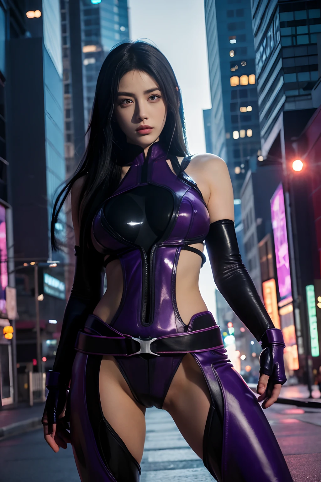 girl, (Super:1.2), RAW photos, (realisticlying:1.37, realisticlying), HD CG unified 8K wallpaper, ((straight from the front))), (Head office skin: 1.8, Glow skin), 8K UHD, digital SLR camera, gentle illumination, high high quality, dynamic pose, superdetail, ((PSYLOCKE)), violet, dark deep, ((fullbody)) Preparing, cyberpunk city background