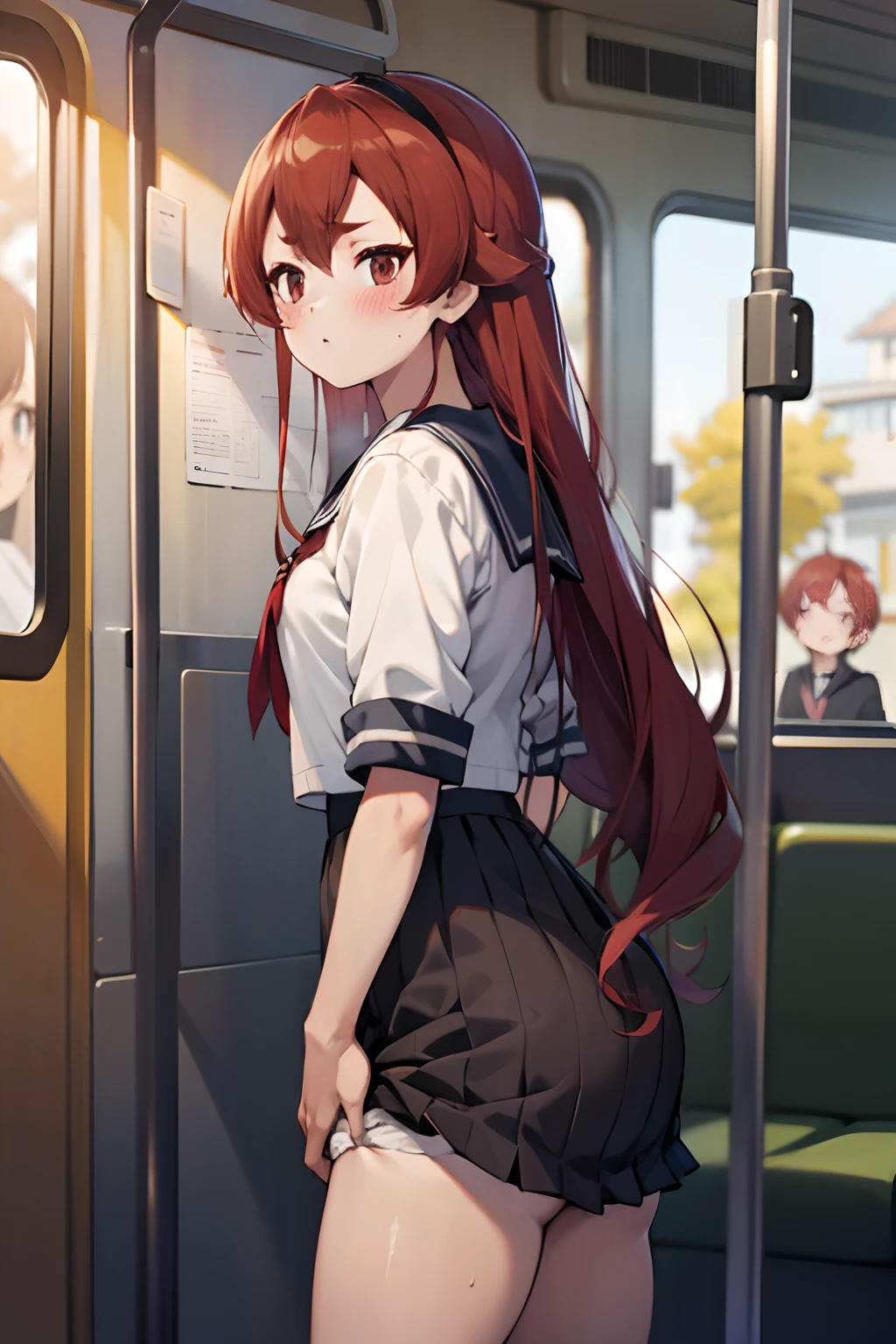 grasp、, red hair、High school girl in sailor suit grabs butt on bus、pleatedskirt、a beauty girl１a person、teddy bears１a person、Grabbing the buttocks、molesting、Touching your buttocks on the bus、夏天、red blush、