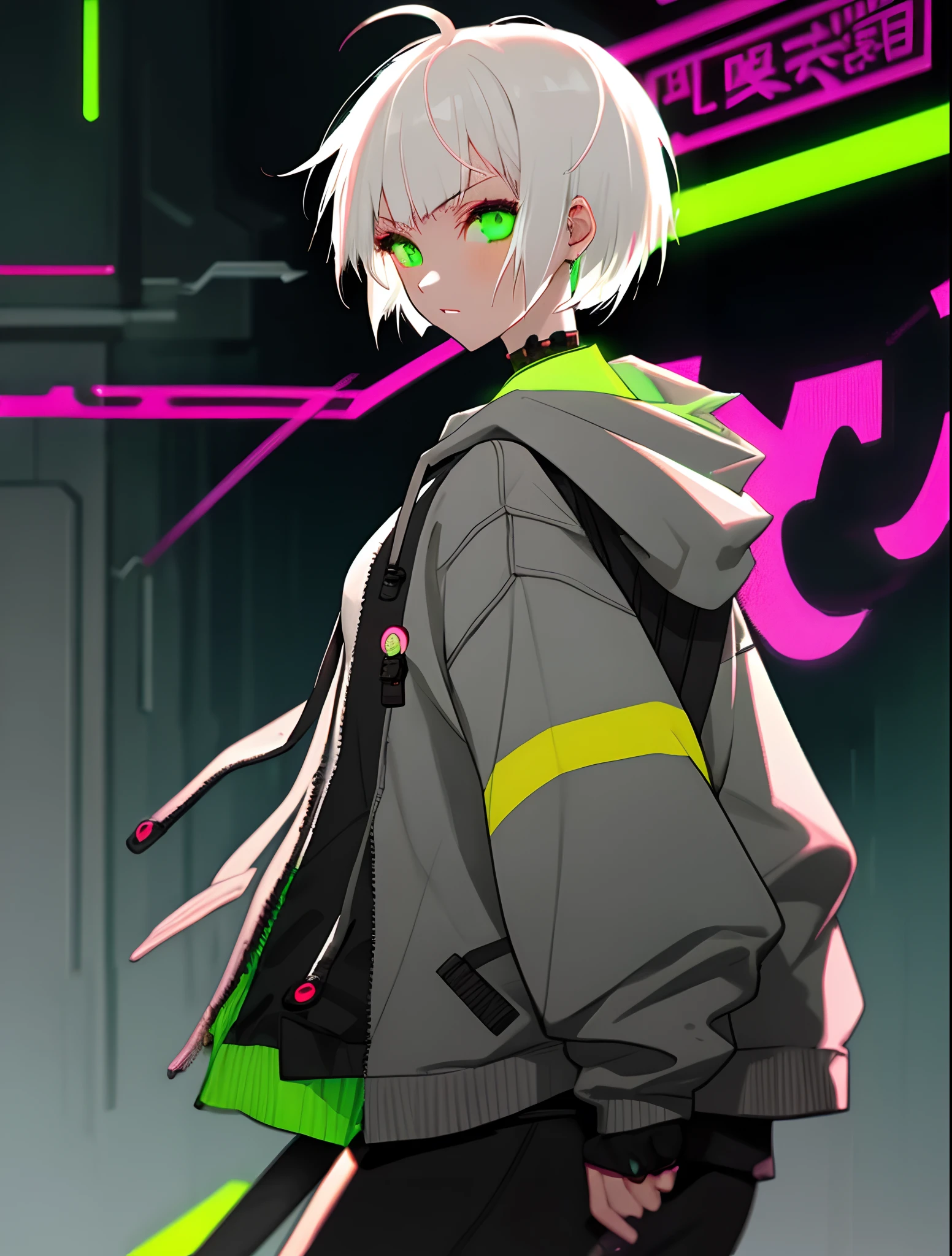 Girl.  white-haired. Short hair. Grey hoodie, neon green eyes, cyberpunk,  Japanese