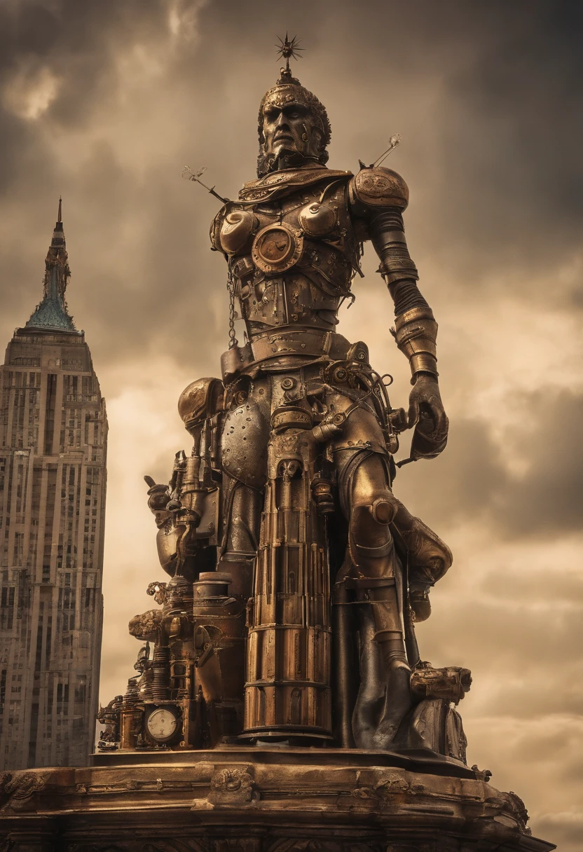 (giant towering statue upper body:1.5),(cyberpunk cityscape background:1.2),ultra-realistic,high quality,high resolution,8k,masterpiece:1.0),ultra-detailed,worshipers on the street:0.8)
