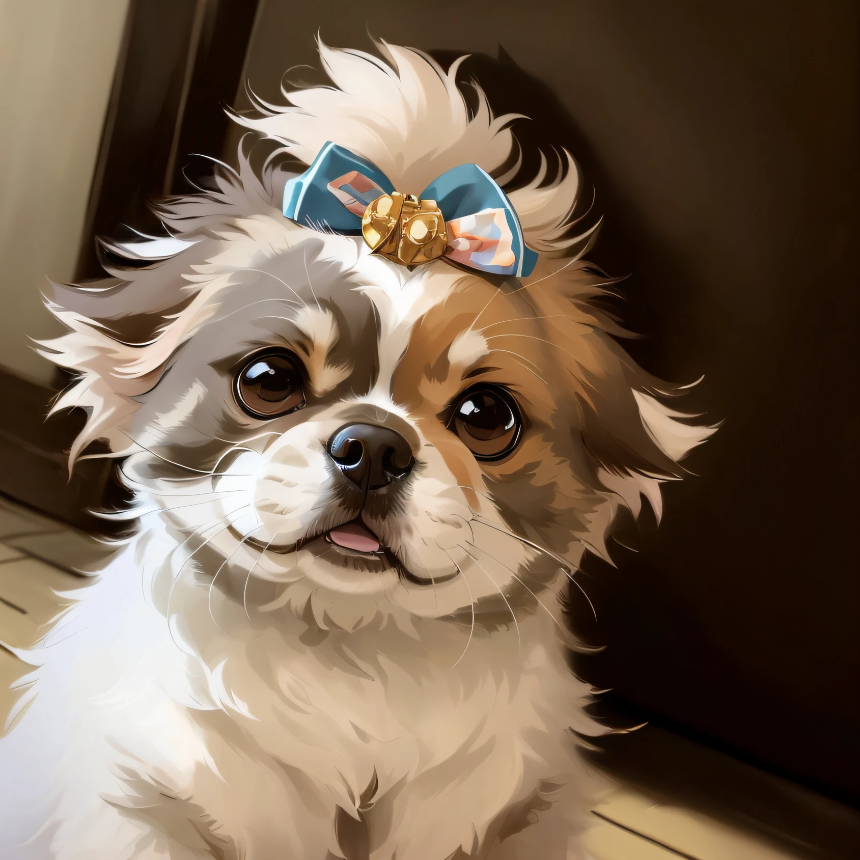 CREATE VARIATIONS AT DIFFERENT ANGLES OF THIS IMAGE There is a dog with a bow on its head sitting on the ground, painting digital adorable, arte digital bonito, arte digital detalhada bonito, Dog cute, painting of cute dog, kawaii cute dog, arte detalhada bonito, retrato bonito, arte de pintura digital dos desenhos animados, pintura digital dos desenhos animados, arte fofa, , orelhas fofas, cartunesco bonito, pet animal, kawaii retrato realista