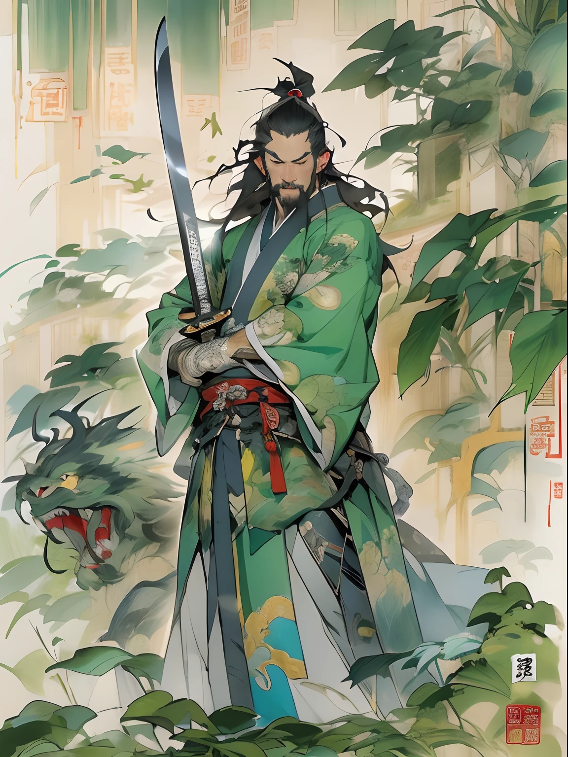 (((China-style,Ink painting method,Half-length portrait,Intense color,Han dynasty, China,Hanfu,Armor,Guan yu,Guan Yunchang,of a guy,Ruddy killing square face,Hold the Blue Dragon Moon Knife in his right hand,Stroke your beard with your left hand,Long hair,petty eyes,Green robe))), (((best qualityer))), (((tmasterpiece))), (((AS-Adult))), ((( Japanese ))), Look up from your knees, Handsome Asian samurai,perfect body figure, Modern samurai, ((( Asian))), Wear gloves on your hands,The left arm is made of steel and metal tips,Made of protective devices, The eyes are pulled, (( Appears below the chest )), (( Small dental floss )), Simon Bisley, Almost naked(Simon Bisley)Castle City Wilderness,For high-resolution posters, hair straight, Minimum clothing, armure (Crazy clothes ), Full of tips and rivets, tribal tattoos, (((full bodyesbian))), Straight brunette hair,Colored hair ends