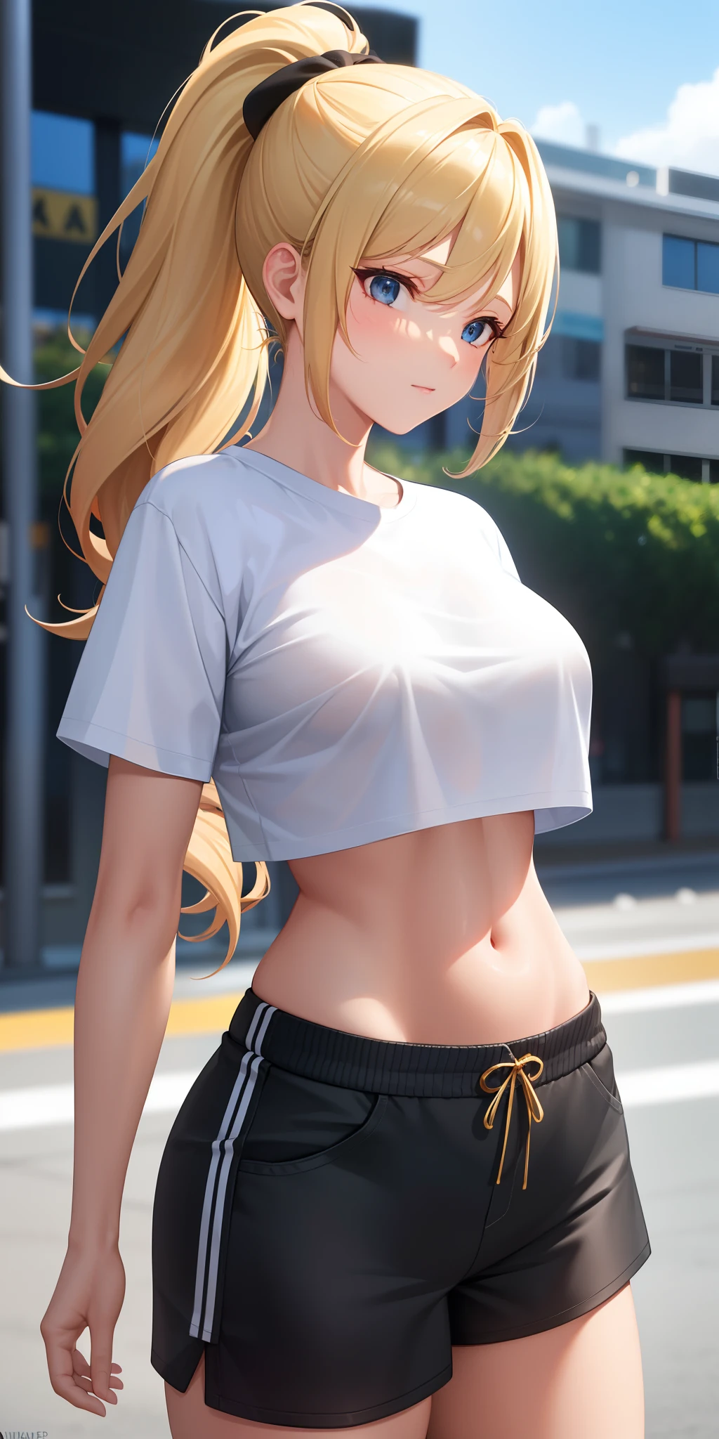 (close shot, best quality:1.5, highres, UHD, 4K, detailed lighting, shaders), blonde ponytail, large breasts, t-shirt, crop top, shorts, standing, street background