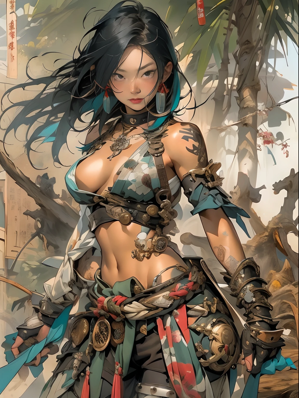 (((woman))), (((best qualityer))), (((tmasterpiece))), (((AS-Adult))), ((( Japanese ))), Look up from your knees, A beautiful asian samurai woman with perfect body, Modern samurai, ((( Asian))), Wear gloves on your hands,The left arm is made of steel and metal tips,Made of protective devices, The eyes are pulled, (( Appears below the breast )), (( Small dental floss )), Simon Bisley, Almost naked(Simon Bisley)Castle City Wilderness,For high-resolution posters, hair straight, Minimum clothing, armure (Crazy clothes ), Full of tips and rivets, tribal tattoos, (((full bodyesbian))), Straight brunette hair,Colored hair ends
