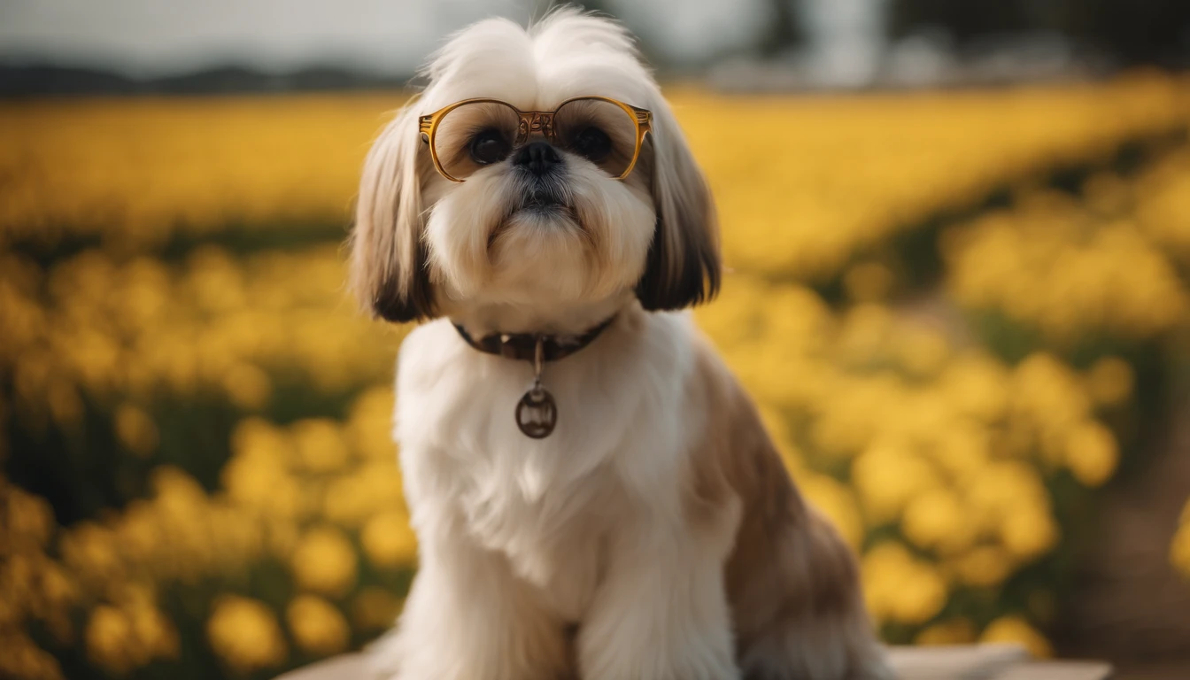 Yellow shih-tzu sitting with glasses, the field of view is full-body