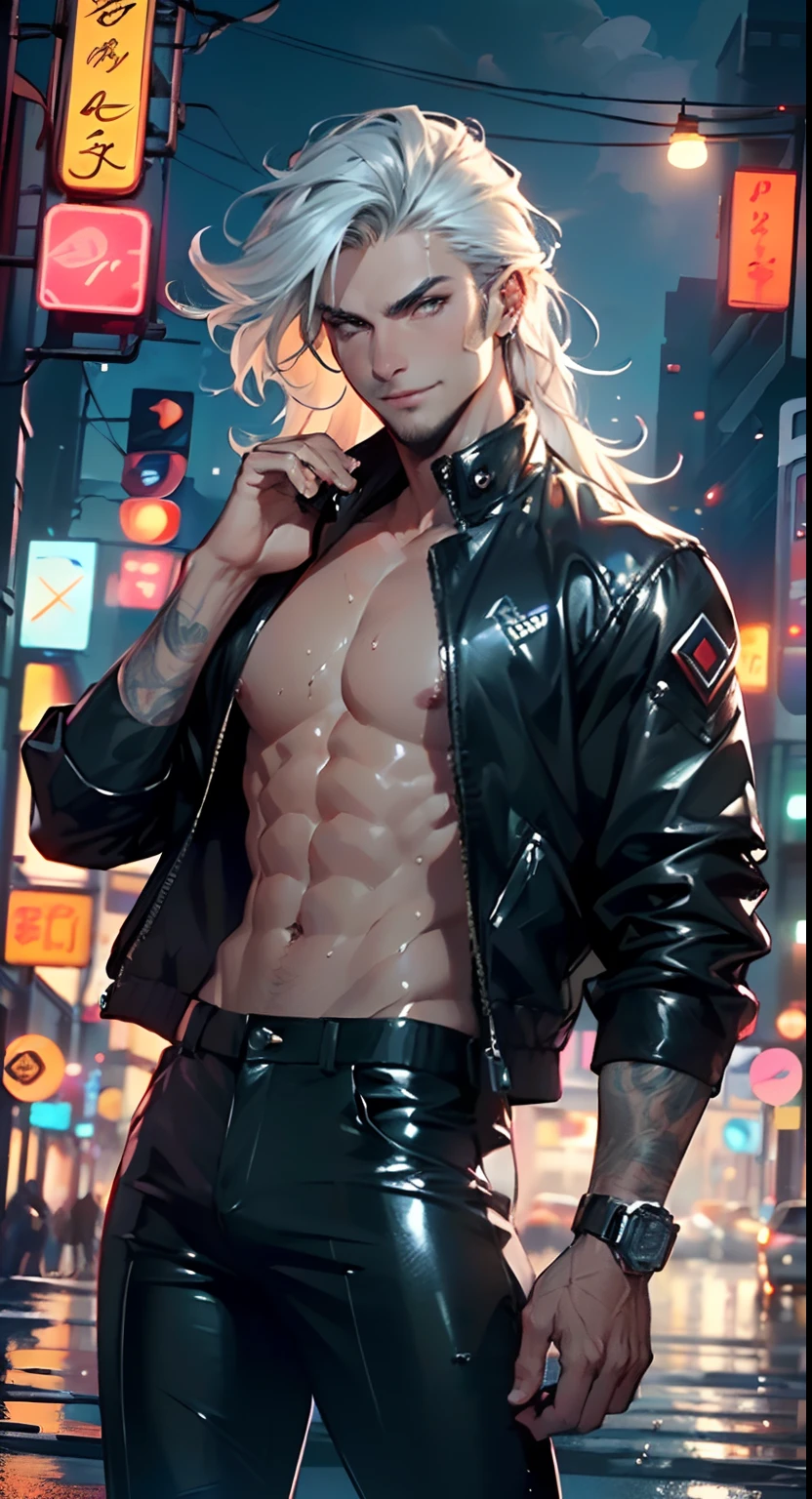 man:1.5,1 man,tracker man,(1man),((man:1.5 with long hair)),
(((1male,handsome man,male,male gender:1.5,male focus))),
((long black hair,detailed hair,highly detailed hair,black hair,dyed interior hair,colored inner hair,very short beard)),(((lustrous skin:1.5,tanned skin,bright skin: 1.5,skin tanned,shiny skin,very shiny skin,shiny body,illuminated skin))),(((brown eyes))),intricate eyes,beautiful detailed eyes,symmetrical eyes,man chest,handsome face,((muscular)),((hand consists of a short thumb and four fingers,a hand with only five fingers,(detailed face))),
alluring look,nsfw,
(((bare chest))),green pants,((bulge in pants)),((tracker outfit)),(wearing a tracker outfit:1.3,tracker clothes),((wet clothes,intricate outfit,intricate clothes)),
(dynamic pose:1.0),solo focus,((evil smile,evil look)),(centered,scale to fit dimensions,Rule of thirds),
cyberpunk city by the ocean at night, with bright neon signs and dark stormy clouds and puddles, scenery:1.25,
highres, sharp focus, (ultra detailed, extremely detailed), (photorealistic artwork:1.37),(extremely detailed CG unity 8k wallpaper),((synthwave background theme)),(((vibrant colors))),(intricate background),(masterpiece),(best quality),