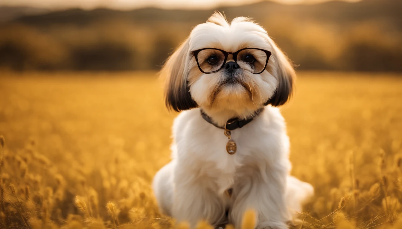 Yellow shih-tzu sitting with glasses, the field of view is full-body
