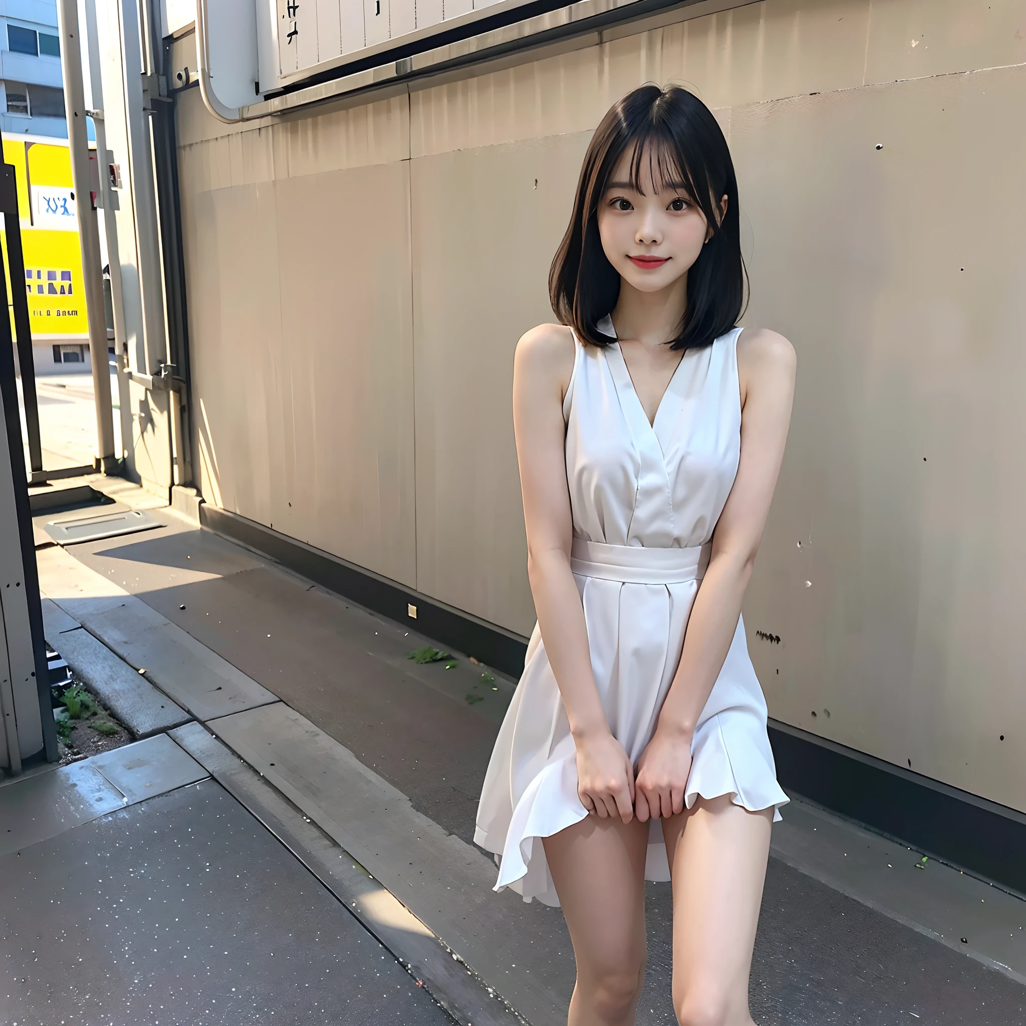 (Best Quality, 8K, 32K, masutepiece, nffsw:1.2),phot of a beautiful Japanese women,1 woman, (mournful smile,blush:1.1),Looking at Viewer,(Dress skirt:1.2),Detailed legs,(Spread legs:1.2),(White panties:0.9),(wind lift:1.6), Full body,Windy,In the street、Walk through the vents、subway
