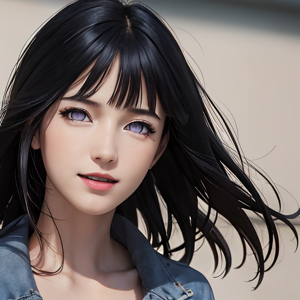 (8K, RAW Photos, of the highest quality, Masterpieces: 1.2), (Realistic, Photorealistic: 1.37), Highest Quality, Ultra High Resolution, light  leaks, Dynamic lighting, Slim and smooth skin, (Full body:1.3), (Soft Saturation: 1.6), (Fair skin: 1.2), (Glossy skin: 1.1), Oiled skin, 22 years old, Night,Blunt Bangs, purple eyes, dark blue hair , Well-formed, Hair fluttering in the wind, Close-up shot of face only, Physically Based Rendering, From multiple angles, A big smile, super girl、miniture, (Open your eyes:1.4)