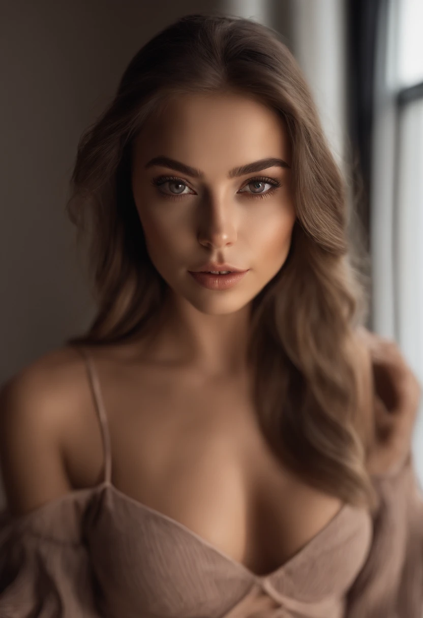 arafed woman fully , sexy girl with brown eyes, ultra realistic, meticulously detailed, portrait sophie mudd, brown hair and large eyes, selfie of a young woman, bedroom eyes, violet myers, without makeup, natural makeup, looking directly at the camera, face with artgram, subtle makeup, stunning full body shot kneeling on bed, in bedroom, medium to large size bust