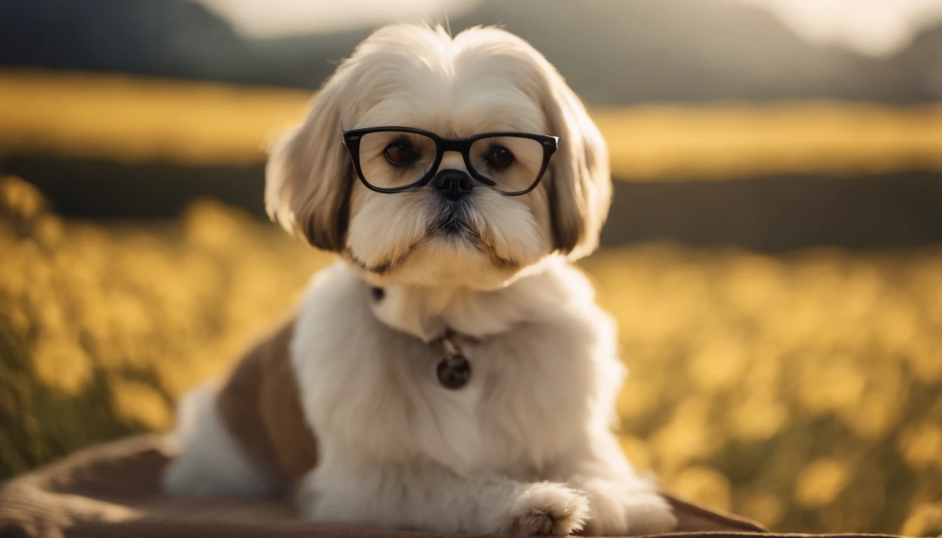 Yellow shih-tzu sitting with glasses, the field of view is full-body
