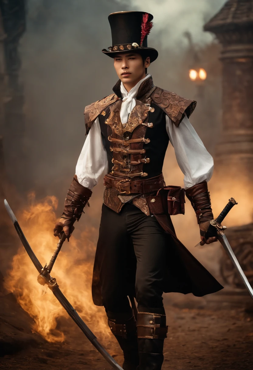 estilo de fantasia steampunk, arte steampunk, arte digital steampunk, homem jovem e lindo chines, guerreiro moderno, roupas goticas, segurando katana