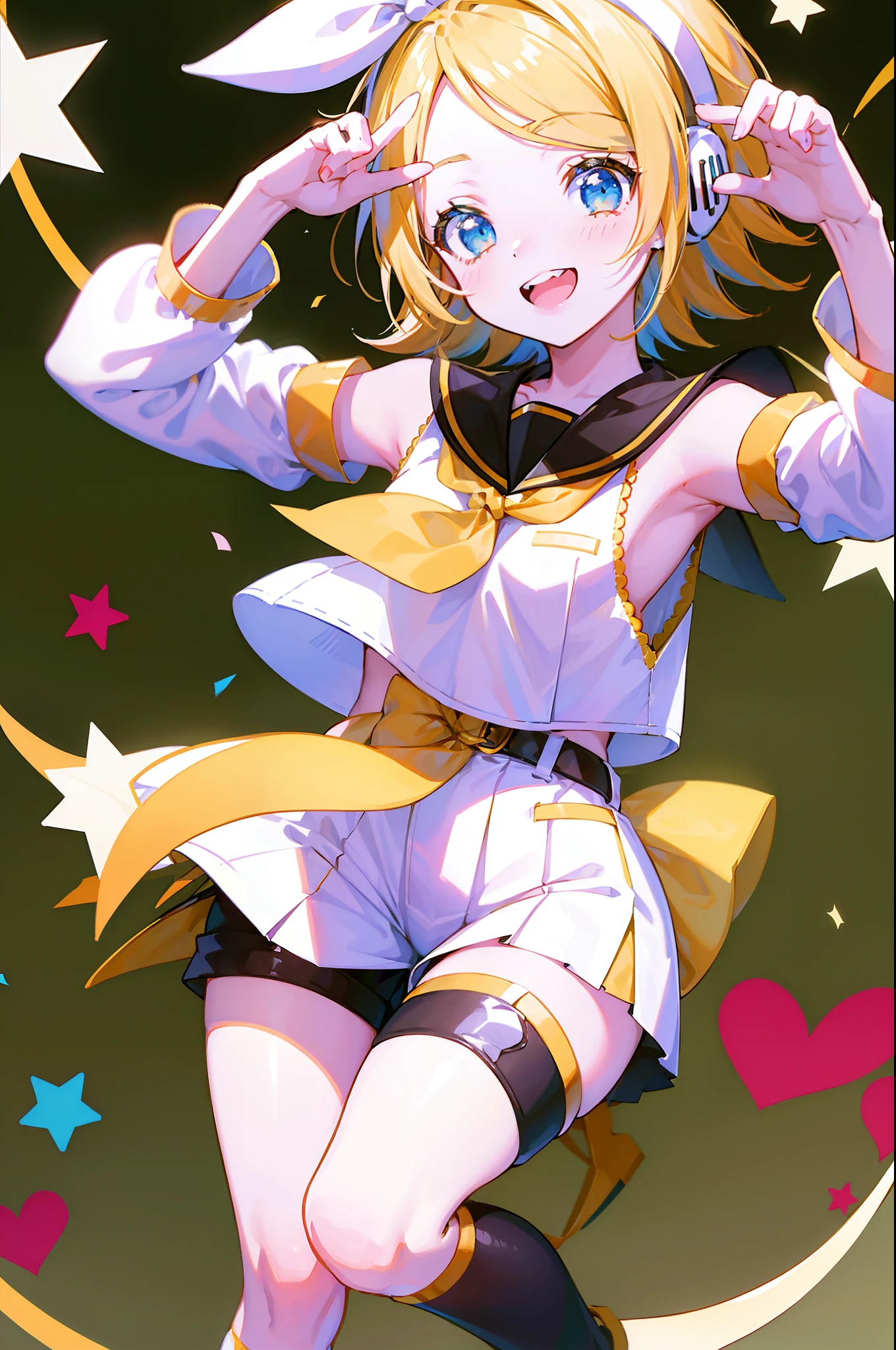 1girl, solo, kagamine rin, smile, sleeveless shirt, white shirt, detached sleeves, necktie, arm tattoo, skirt, thighhighs, thigh boots, looking at viewer