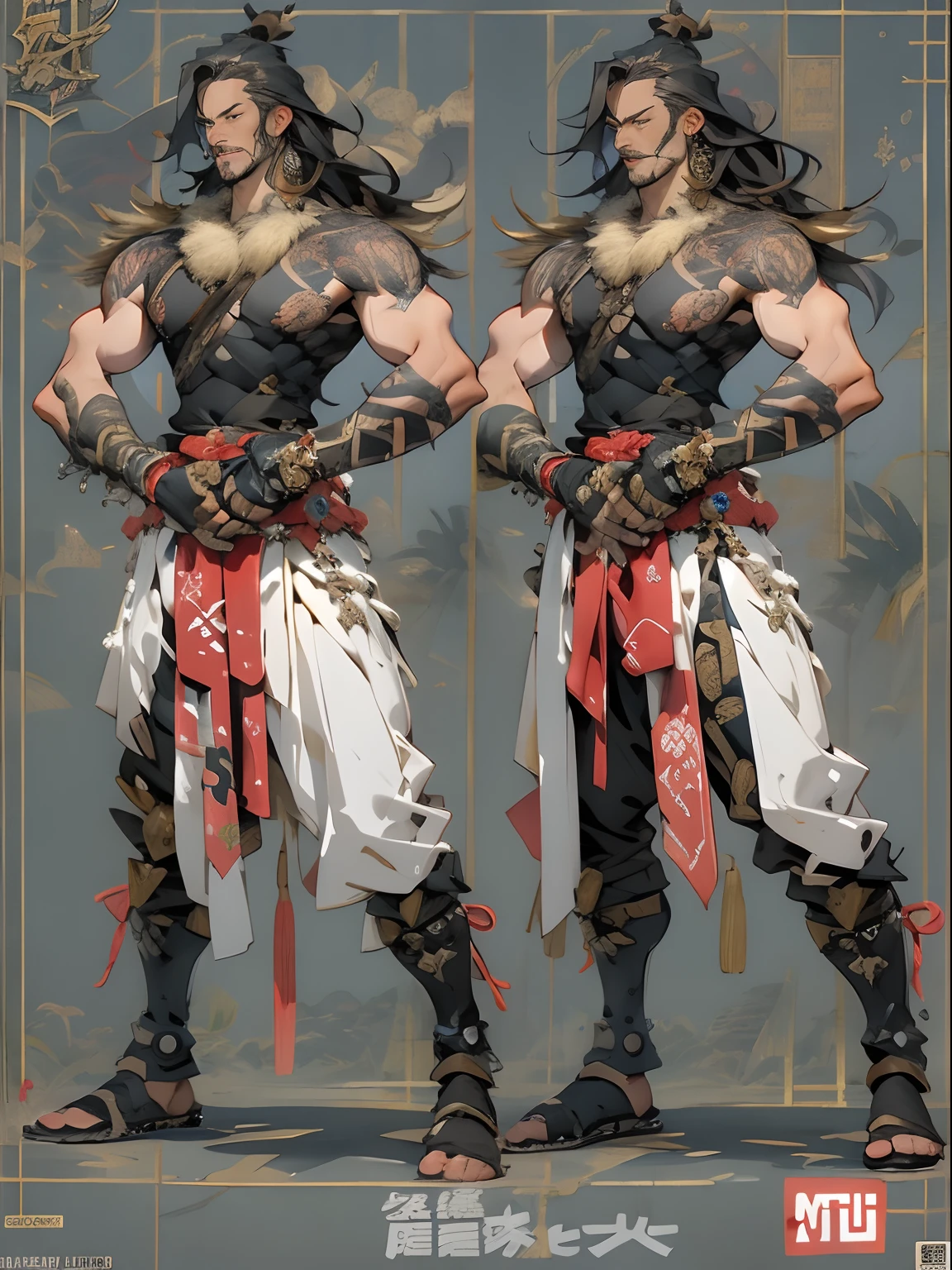 (((mtu))), (((best qualityer))), (((tmasterpiece))), (((AS-Adult))), ((( Japanese ))), Look up from your knees, Handsome Asian samurai,perfect body figure, Modern samurai, ((( Asian))), Wear gloves on your hands,The left arm is made of steel and metal tips,Made of protective devices, The eyes are pulled, (( Appears below the chest )), (( Small dental floss )), Simon Bisley, Almost naked(Simon Bisley)Castle City Wilderness,For high-resolution posters, hair straight, Minimum clothing, armure (Crazy clothes ), Full of tips and rivets, tribal tattoos, (((full bodyesbian))), Straight brunette hair,Colored hair ends