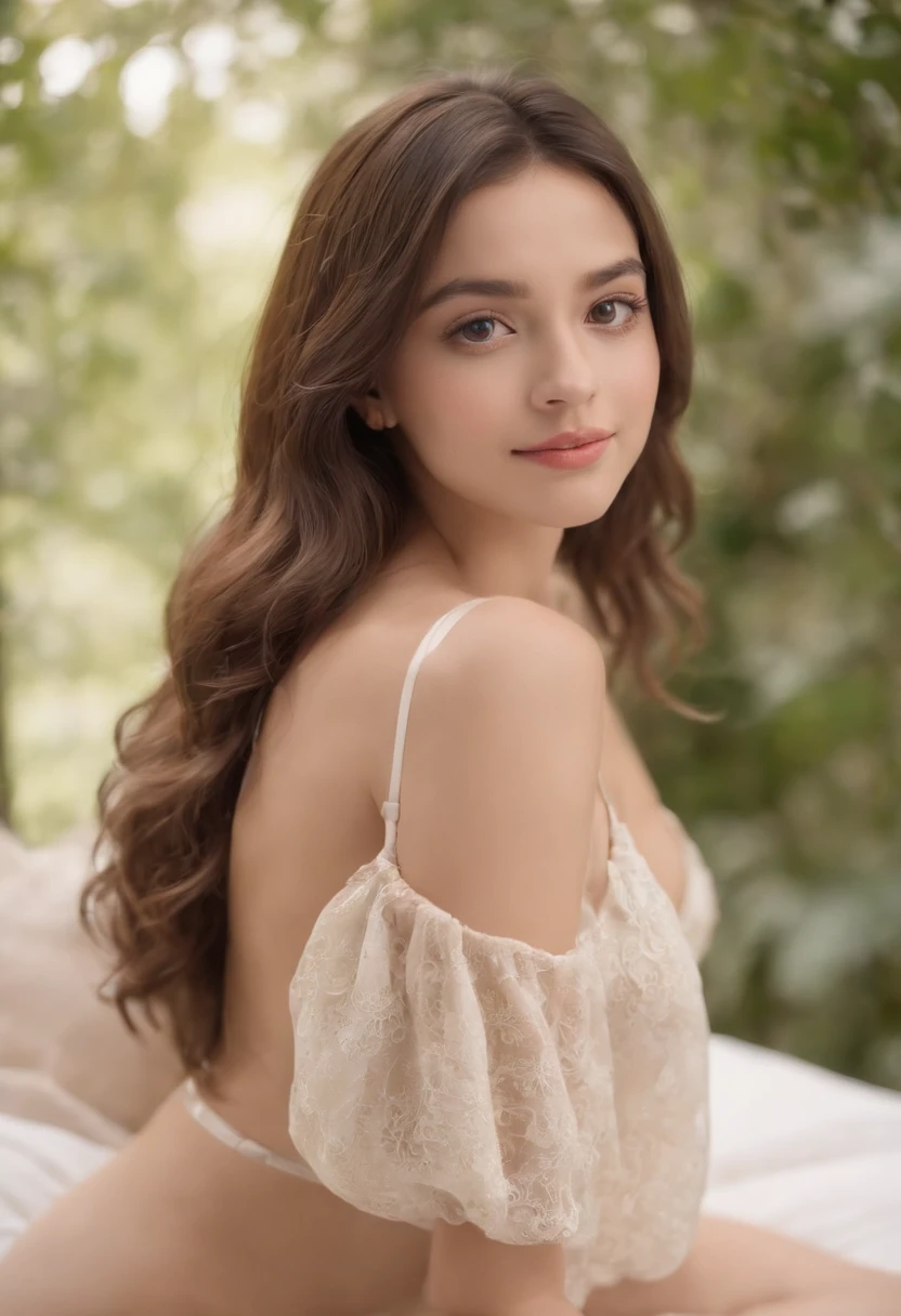 18 year old girl, full chest、full body image、a bed、big eyes focused on the camera、delicate face、pretty face smile、chest sticking out of bra、Half Mexican and half American、sexy mood、one leg is raised high , typical Brazilian face