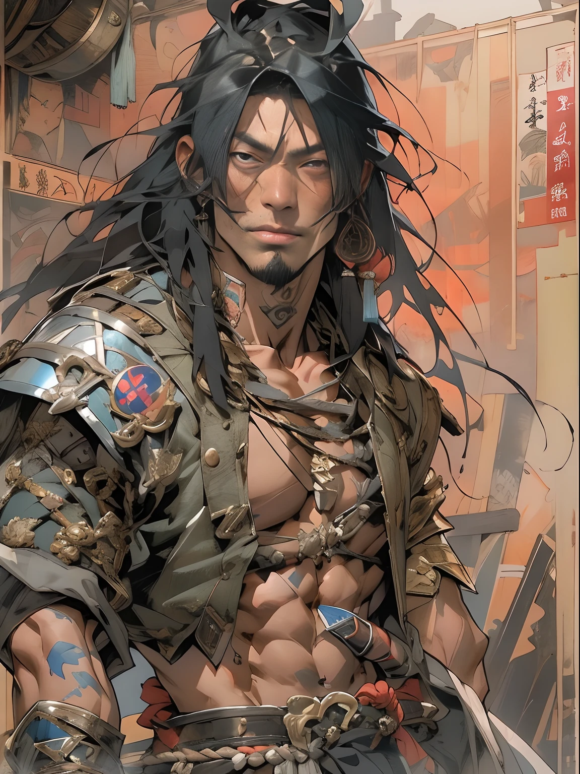 (((mtu))), (((best qualityer))), (((tmasterpiece))), (((AS-Adult))), ((( Japanese ))), Look up from your knees, Handsome Asian samurai,perfect body figure, Modern samurai, ((( Asian))), Wear gloves on your hands,The left arm is made of steel and metal tips,Made of protective devices, The eyes are pulled, (( Appears below the chest )), (( Small dental floss )), Simon Bisley, Almost naked(Simon Bisley)Castle City Wilderness,For high-resolution posters, hair straight, Minimum clothing, armure (Crazy clothes ), Full of tips and rivets, tribal tattoos, (((full bodyesbian))), Straight brunette hair,Colored hair ends