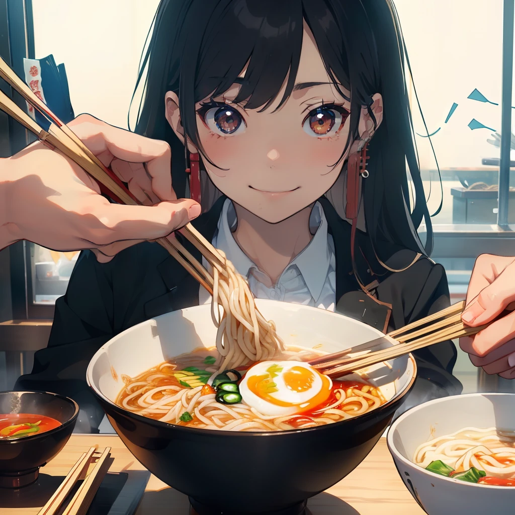 1 beauty, female students, Watery Big Eyes,large full breasts, blazer and tie, (Happy smile),long eyelasher, Blushlush,Black Perm Hair, At the counter seat of a special ramen shop,A cup of ramen noodles,((Perfectly shaped chopsticks:1.2)),(Perfect chopstick grip:1.2), (Skillfully holding chopsticks with right hand:1.4),Beautiful noodles,(Bring the noodles picked up with chopsticks to your mouth.),((Eat noodles deliciously)),(Eat cleanly), Hang your bangs over your ears with your left hand,Face shot,zoomed、(Bring your face close to the ramen and eat the noodles:1.2),((2 chopsticks:1.4))