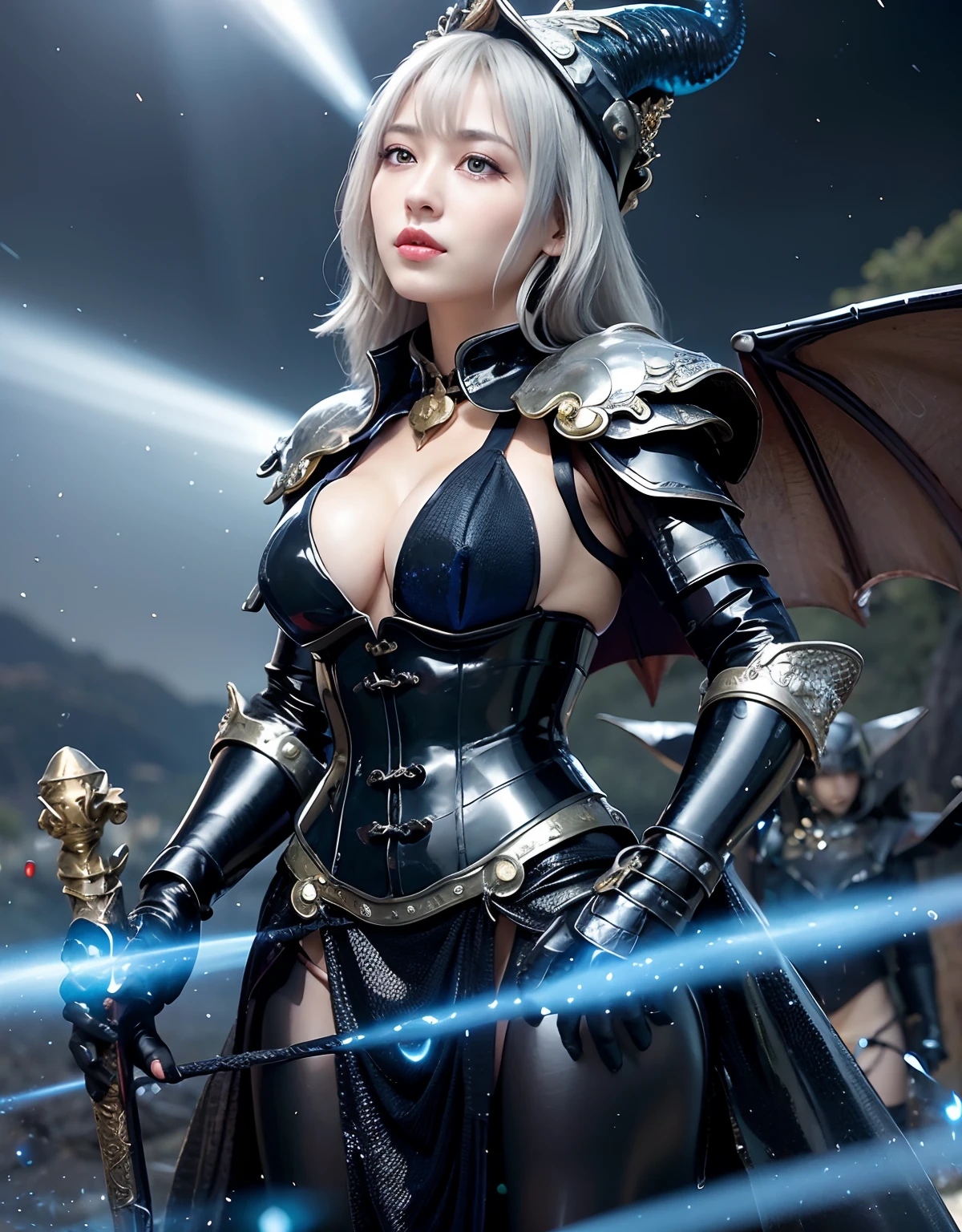 ((World of Darkness)),Professional , masterpiece、top-quality、photos realistic , depth of fields 、(((Fight dragons))),(Dragon Black Metal Body:1.9),(latex black-blue、(cleavage of the breast),(Fight dragons)、、(((Particles of light))),(Micro Bikini Armor:1.7),Gorgeous gold weapons ,(Fight dragons)、Seductive look、The face of the dragon is out、(blood splattere、Armpit、((((With a magic wand))), ) , (((Wearing a black latex wizard hat))),(demonic wings) ,((a blond))、(Castle background)、((Gangle's forest background))、Beautiful Caucasian beauty、1a person、Armpit、dynamic ungle,(((Detailed Silver Dragon Wizard Hat)))、Smaller head、A smile、Castle background、Thin and beautiful female hands、cleavage of the breast、Soldier in iron armor on background、Mystical expression、Light Effects、intense fighting、Wind-effect、magic circles、With the legendary magic wand、Dragon's tail、explosions、Toostock、Toostock、(Beautuful Women),