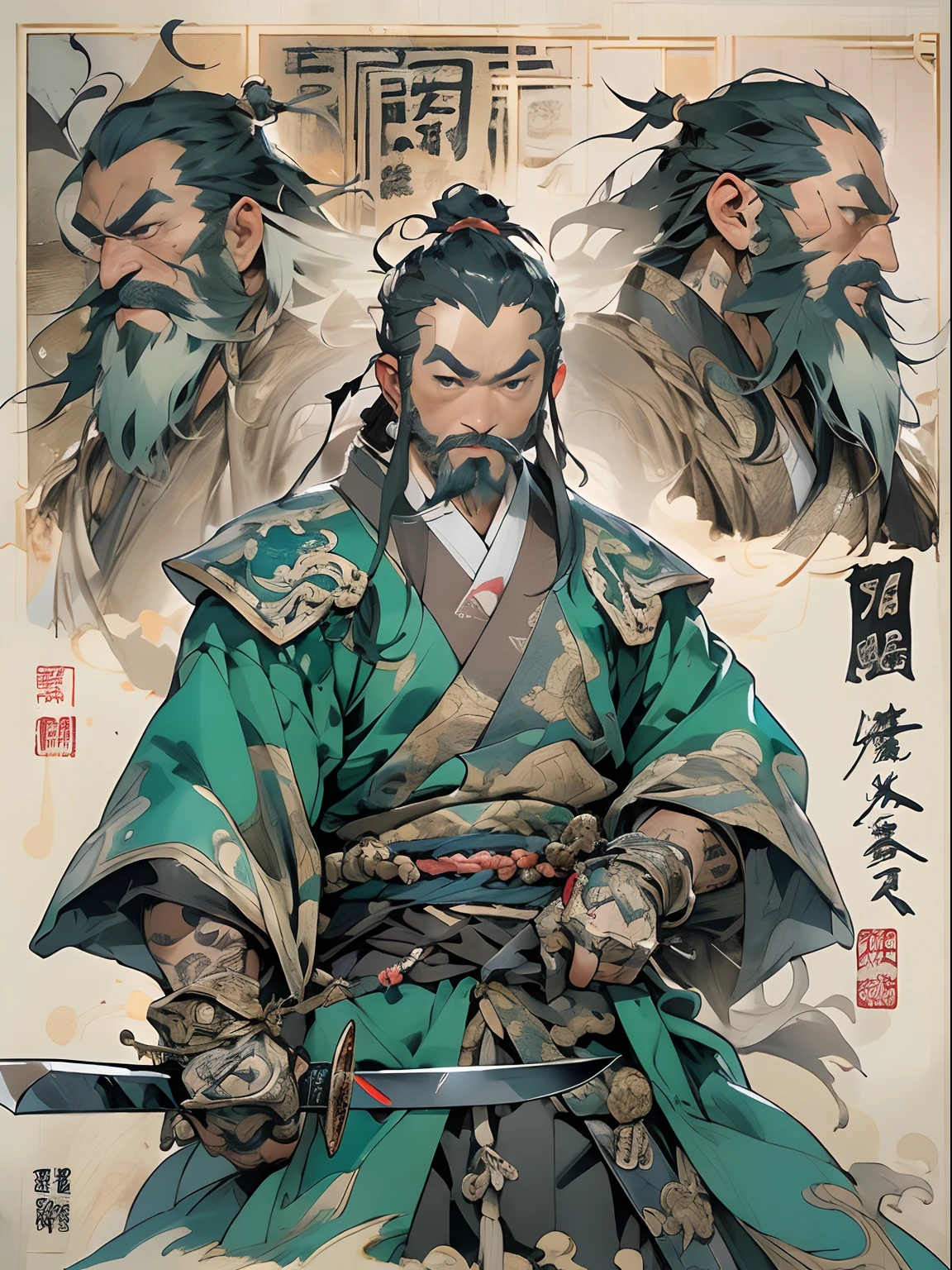 (((China-style,Ink painting method,Half-length portrait,Intense color,Han dynasty, China,Hanfu,Armor,Guan yu,Guan Yunchang,of a guy,Ruddy killing square face,Hold the Blue Dragon Moon Knife in his right hand,Stroke your beard with your left hand,Long hair,petty eyes,Green robe))), (((best qualityer))), (((tmasterpiece))), (((AS-Adult))), ((( Japanese ))), Look up from your knees, Handsome Asian samurai,perfect body figure, Modern samurai, ((( Asian))), Wear gloves on your hands,The left arm is made of steel and metal tips,Made of protective devices, The eyes are pulled, (( Appears below the chest )), (( Small dental floss )), Simon Bisley, Almost naked(Simon Bisley)Castle City Wilderness,For high-resolution posters, hair straight, Minimum clothing, armure (Crazy clothes ), Full of tips and rivets, tribal tattoos, (((full bodyesbian))), Straight brunette hair,Colored hair ends