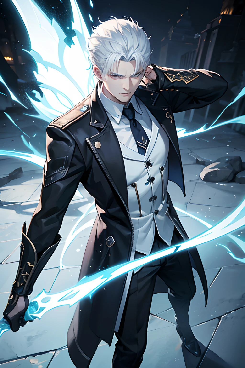 vergil from devil may cry 5 looking at the camera, short hair combed back, white colord hair, ,black colored eyes, serious expression, alone background, thunderstorm behind him, colorful thunders, blue and white colored thunders, dust flying around him, anime spotlight, action environment, the thunder produces a blue colored light, vergil dark colored coat, white stone floor, craked floor, video game art style, sharp focus, vibrant colors, bokeh, best quality, 4k masterpiece, master part, beautiful lighting, realistic shadows