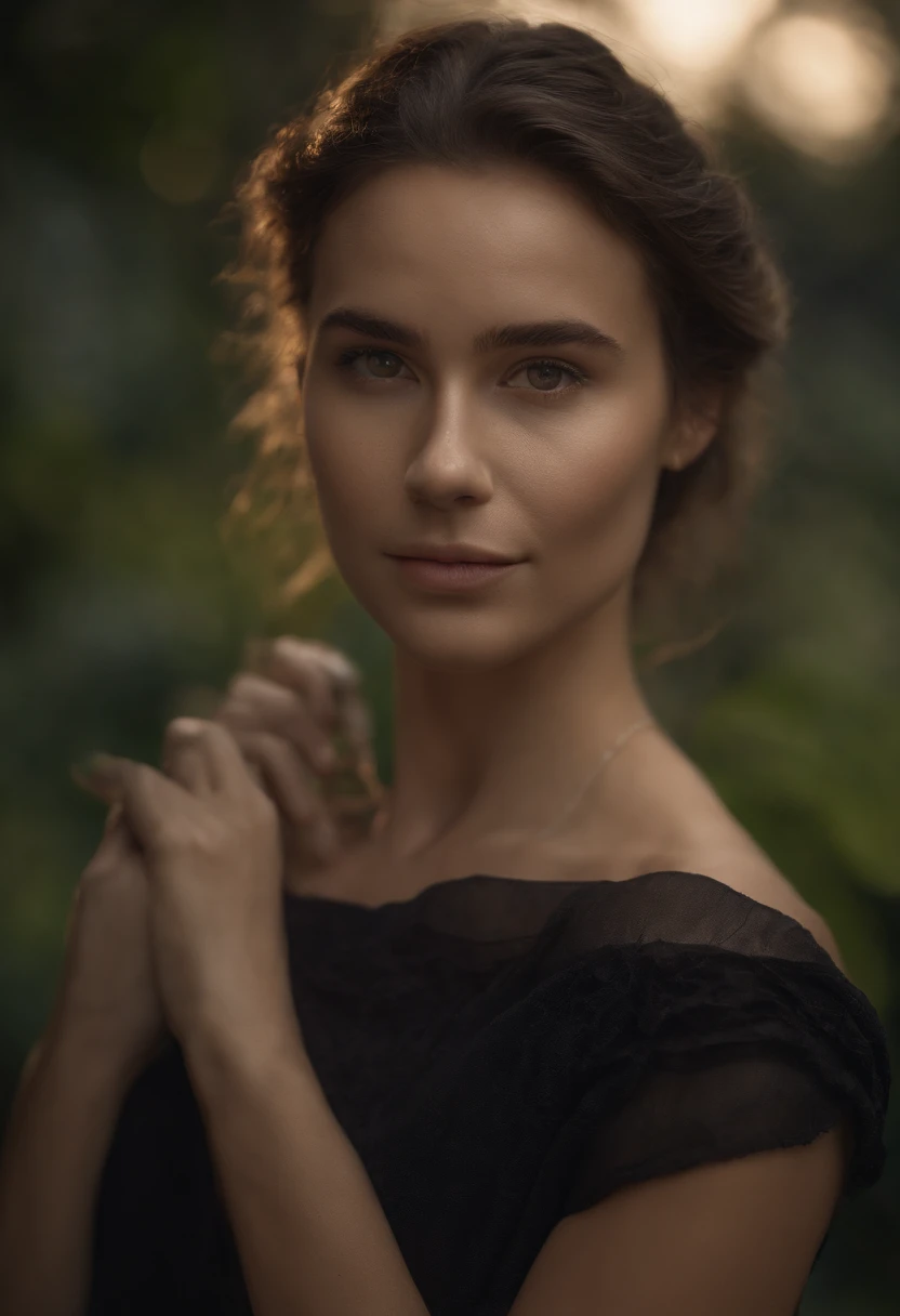 8k resolution, Young lady, Oval face, Brownish Hair, wearing black short shirt, garden background, unreal engine, octane render, photorealistic, cinema4d