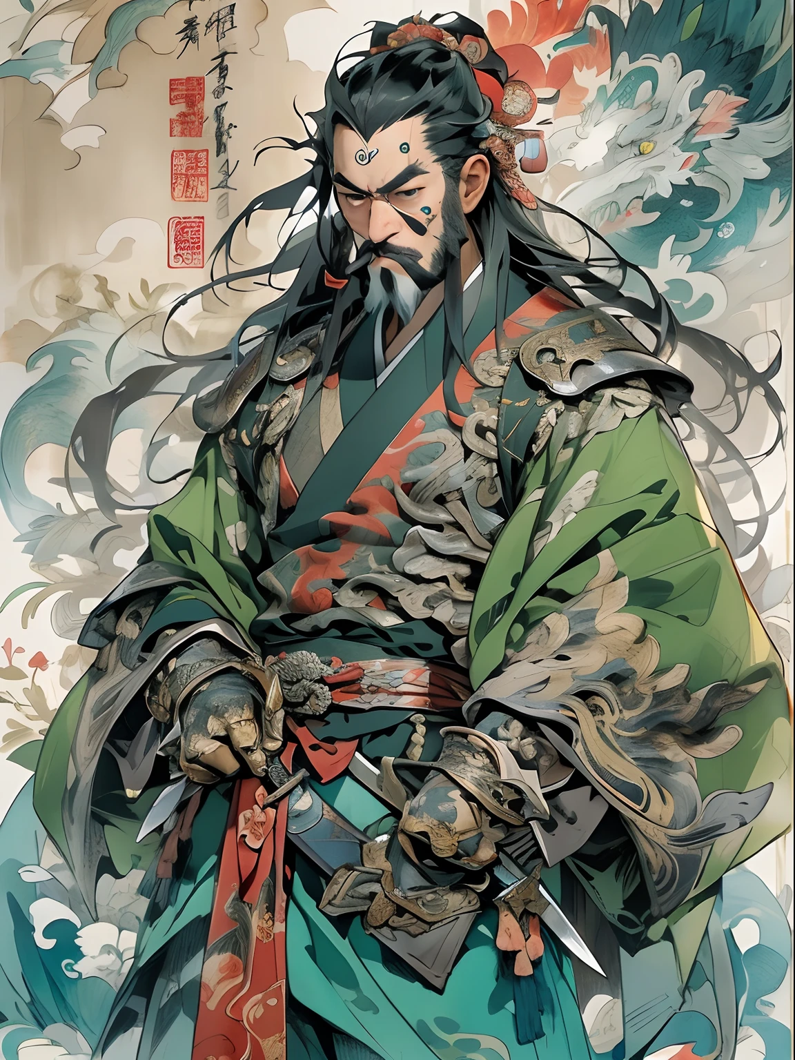 (((China-style，Ink painting method，Half-length portrait，Intense color，Han dynasty, China，Hanfu，Armor，Guan yu，Guan Yunchang，of a guy，Ruddy killing square face，Hold the Blue Dragon Moon Knife in his right hand，Stroke your beard with your left hand，Long hair，petty eyes，Green robe))), (((best qualityer))), (((tmasterpiece))), (((AS-Adult))), ((( Japanese ))), Look up from your knees, Handsome Asian samurai，perfect body figure, Modern samurai, ((( Asian))), Wear gloves on your hands，The left arm is made of steel and metal tips，Made of protective devices, The eyes are pulled, (( Appears below the chest )), (( Small dental floss )), Simon Bisley, Almost naked（Simon Bisley）Castle City Wilderness，For high-resolution posters, hair straight, Minimum clothing, armure (Crazy clothes ), Full of tips and rivets, tribal tattoos, (((full bodyesbian))), Straight brunette hair，Colored hair ends