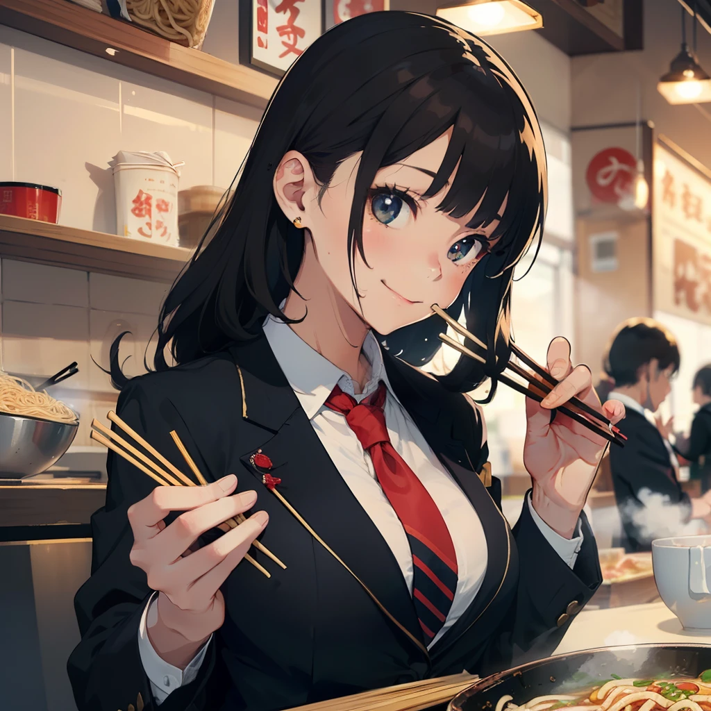 1 beauty, female students, Watery Big Eyes,large full breasts, blazer and tie, (Happy smile),long eyelasher, Blushlush,Black Perm Hair, At the counter seat of a special ramen shop,A cup of ramen noodles,((Perfectly shaped chopsticks:1.2)),(Perfect chopstick grip:1.2), (Skillfully holding chopsticks with right hand:1.4),Beautiful noodles,(Bring the noodles picked up with chopsticks to your mouth.),((Eat noodles deliciously)),(Eat cleanly), Hang your bangs over your ears with your left hand,Face shot,zoomed、(Bring your face close to the ramen and eat the noodles:1.2)