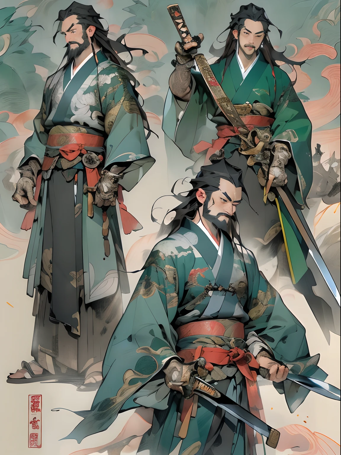 (((China-style,Ink painting method,Half-length portrait,Intense color,Han dynasty, China,Hanfu,Armor,Guan yu,Guan Yunchang,of a guy,Ruddy killing square face,Hold the Blue Dragon Moon Knife in his right hand,Stroke your beard with your left hand,Long hair,petty eyes,Green robe))), (((best qualityer))), (((tmasterpiece))), (((AS-Adult))), ((( Japanese ))), Look up from your knees, Handsome Asian samurai,perfect body figure, Modern samurai, ((( Asian))), Wear gloves on your hands,The left arm is made of steel and metal tips,Made of protective devices, The eyes are pulled, (( Appears below the chest )), (( Small dental floss )), Simon Bisley, Almost naked(Simon Bisley)Castle City Wilderness,For high-resolution posters, hair straight, Minimum clothing, armure (Crazy clothes ), Full of tips and rivets, tribal tattoos, (((full bodyesbian))), Straight brunette hair,Colored hair ends