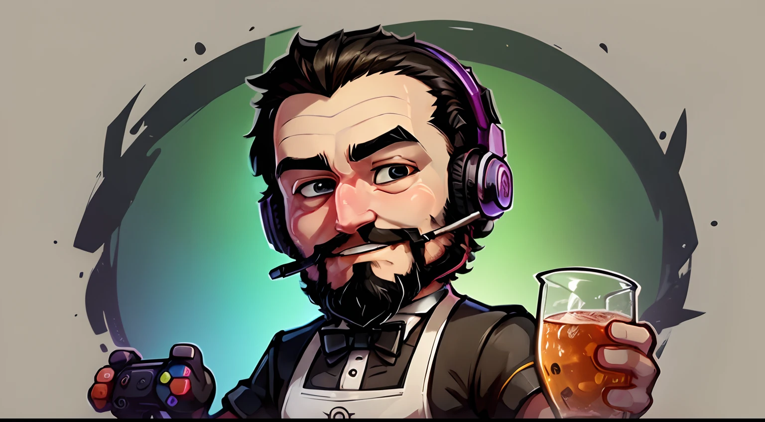a stickers , man who is a bartender. black short hair and full beard using a gaming headset. He has a friendly face and wears a bartender's uniform,complete with apron and bow tie, represented with vibrant colors, happy expression,playing a game, holding a joystick gamepad, big eyes and a welcoming appearance. chibbi anime style. White background