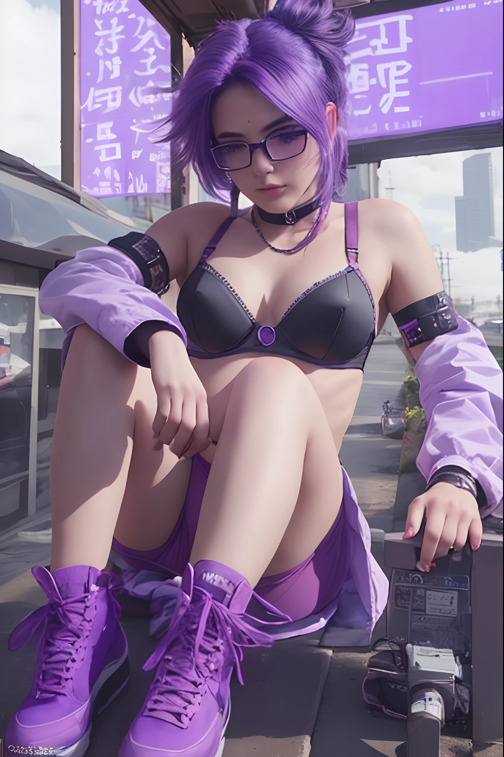 Purple haired woman with glasses and a purple bra top, Estilo anime misturado com Fujifilm, an epic non - binary model, Menina anime na vida real, dark purple hair and cybernetics, retrato do cabelo roxo da mulher, modelo bonito da mulher cyberpunk, menina cyberpunk sonhadora, attractive androgynous humanoid, estilo cyberpunk ， hiper-realista, no estilo cyberpunk, ela tem cabelo roxo