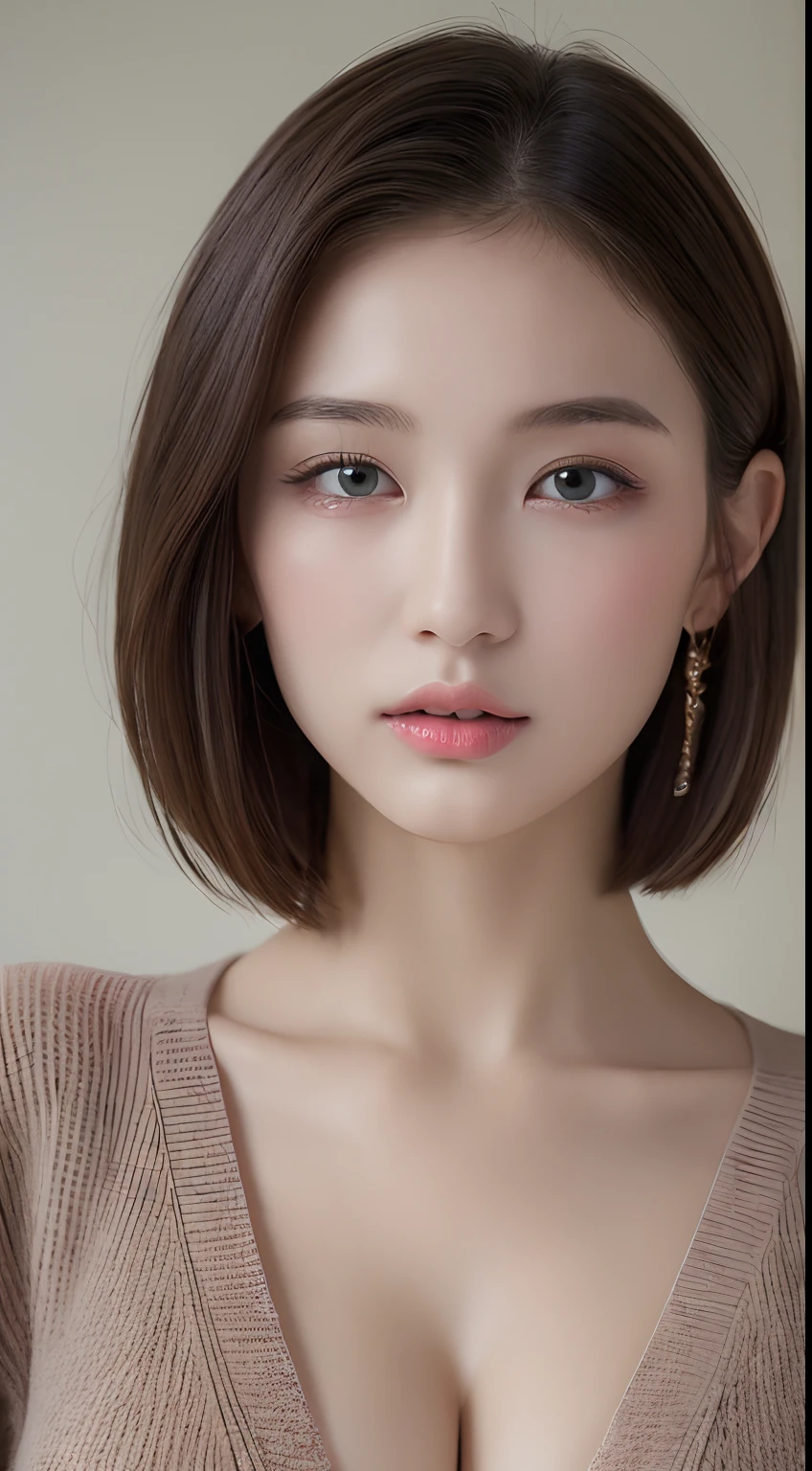 ((Best quality, 8k, Masterpiece :1.3)), 1girl, Pretty woman with slender abs :1.3, (Medium-short hair, Huge breasts :1.2), Cardigan :1.1, Ultra-detailed face, Detailed eyes, Double eyelid