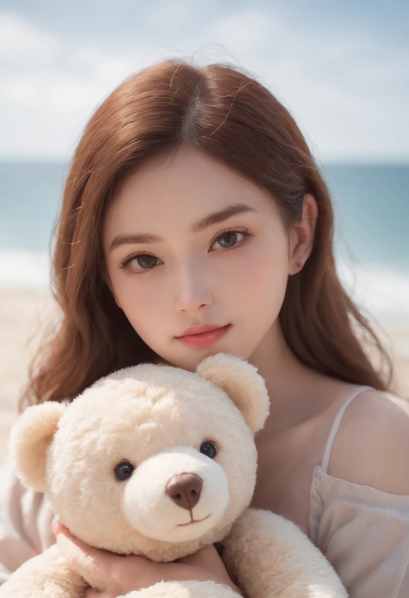 There's a woman holding a teddy bear on the beach, kawaii retrato realista, menina anime bonito, visual anime de uma menina bonito, arte cg anime suave, Arte no estilo de Guweiz, retrato da menina anime bonito, retrato bonito, retrato bonito do anime, menina anime bonita, retrato bonito da menina do anime, Estilo anime 3D realista