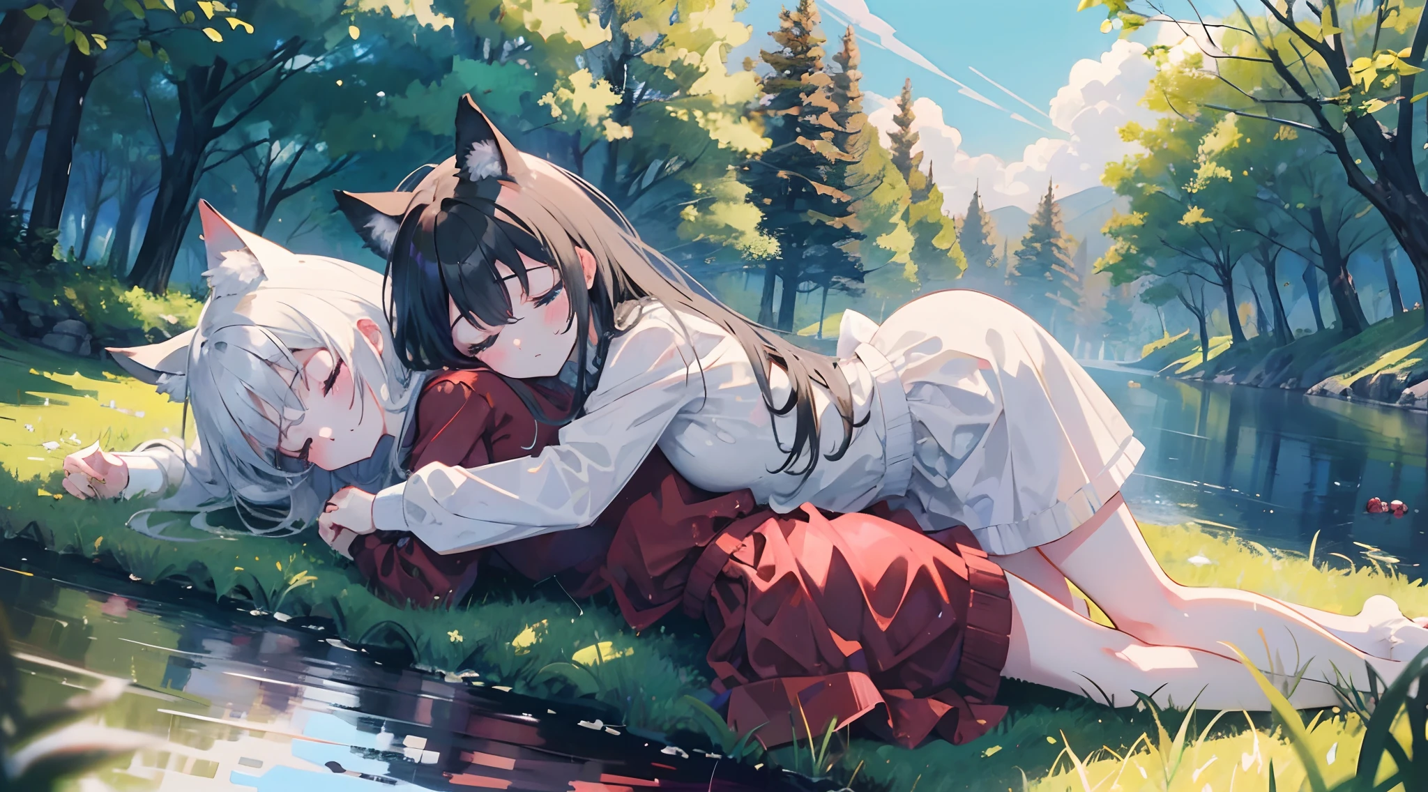drawing of catgirls hugging on the ground, sleeping, outside, forest, lake, fullbody, petit girl, 2 girls, multipel girls, masterpiece, cute, 8k, semi-realistic ,RTX, shaders, brilliant texture work, blood