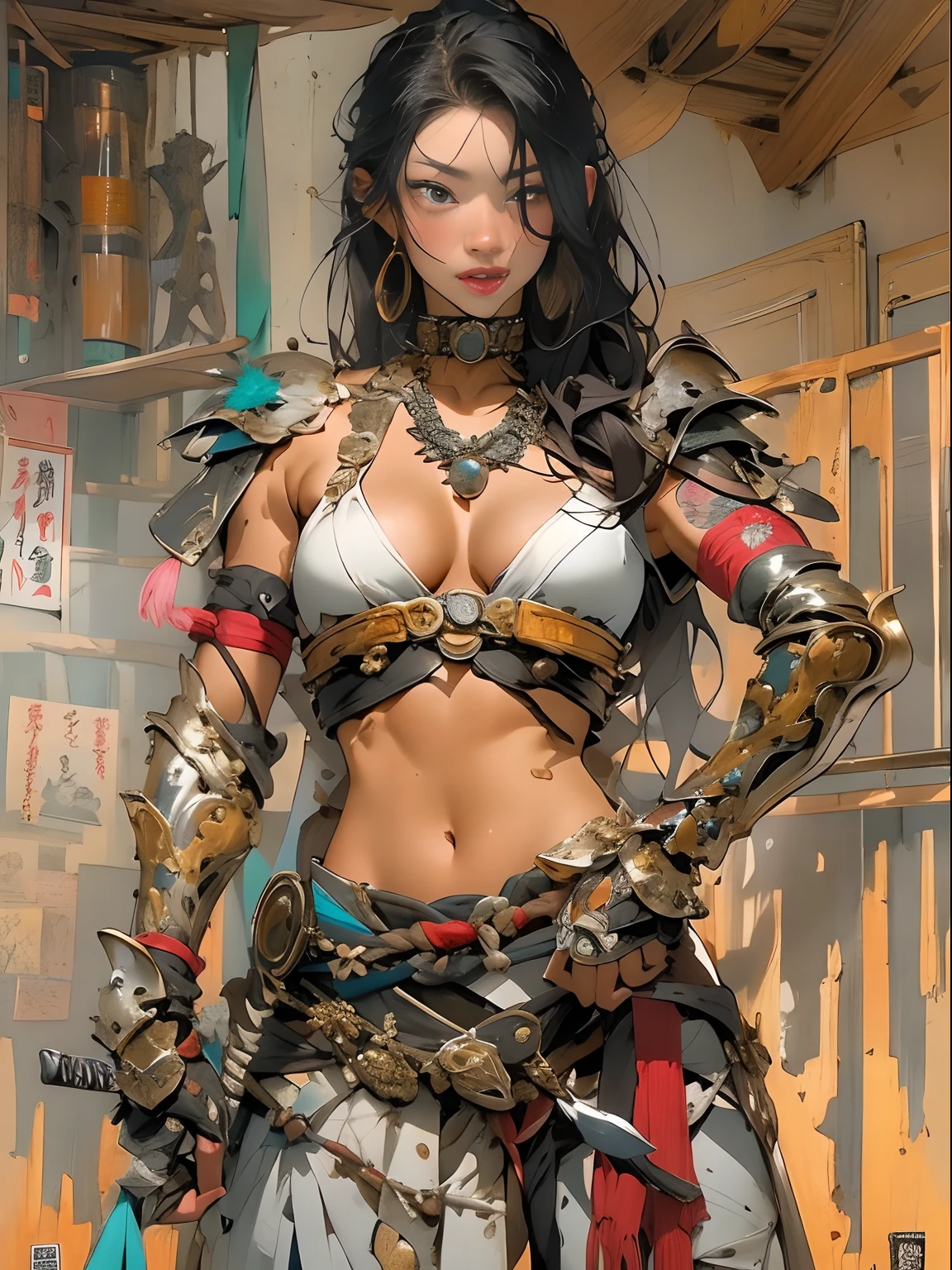 (((woman))), (((best qualityer))), (((tmasterpiece))), (((AS-Adult))), ((( Japanese ))), Look up from your knees, A beautiful asian samurai woman with perfect body, Modern samurai, ((( Asian))), Wear gloves on your hands,The left arm is made of steel and metal tips,Made of protective devices, The eyes are pulled, (( Appears below the breast )), (( Small dental floss )), Simon Bisley, Almost naked(Simon Bisley)Castle City Wilderness,For high-resolution posters, hair straight, Minimum clothing, armure (Crazy clothes ), Full of tips and rivets, tribal tattoos, (((full bodyesbian))), Straight brunette hair,Colored hair ends