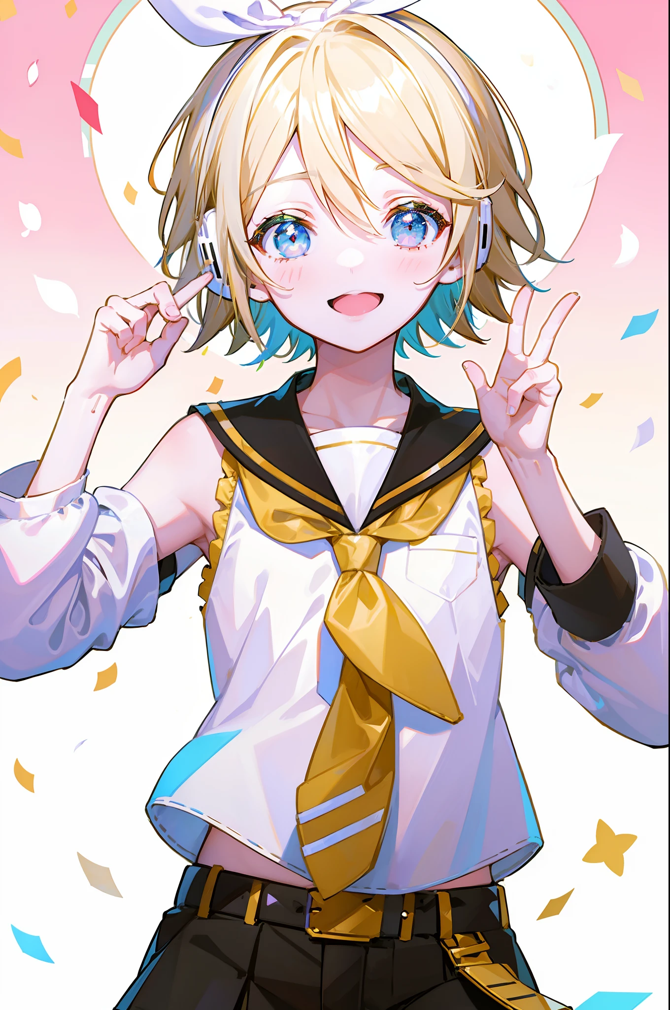 album cover, Kagamine Len, short hair, white shirt, detached sleeves, necktie, belt, sailor collar, headphones, knee length shorts, leg warmers, hands in the air, happy, open mouthed smile, multicoloured confetti, energetic, colourful background, pattern background, drop shadow, close up of face, text stars, beautiful lighting, beautiful illustration, n3on