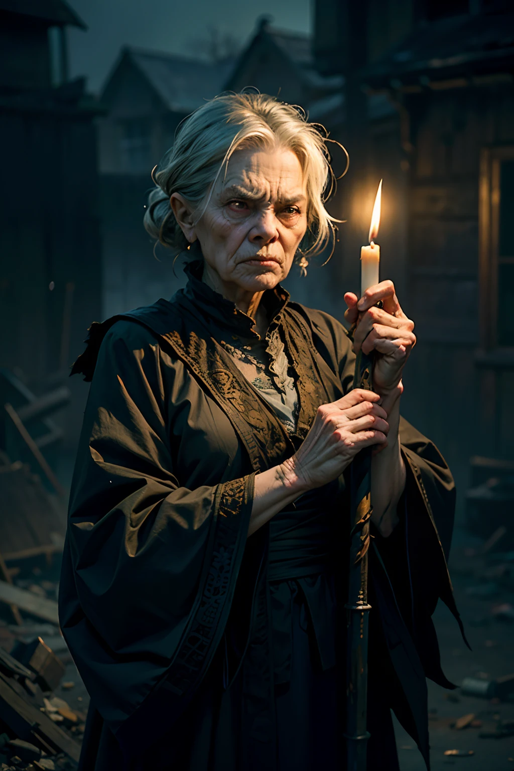 An angry old woman, with a deadly scowl, wearing tattered robes, holding a dim candle, background is dark, misty rain, mood is gloomy, desperate, confining, depressing, night time light, character design.