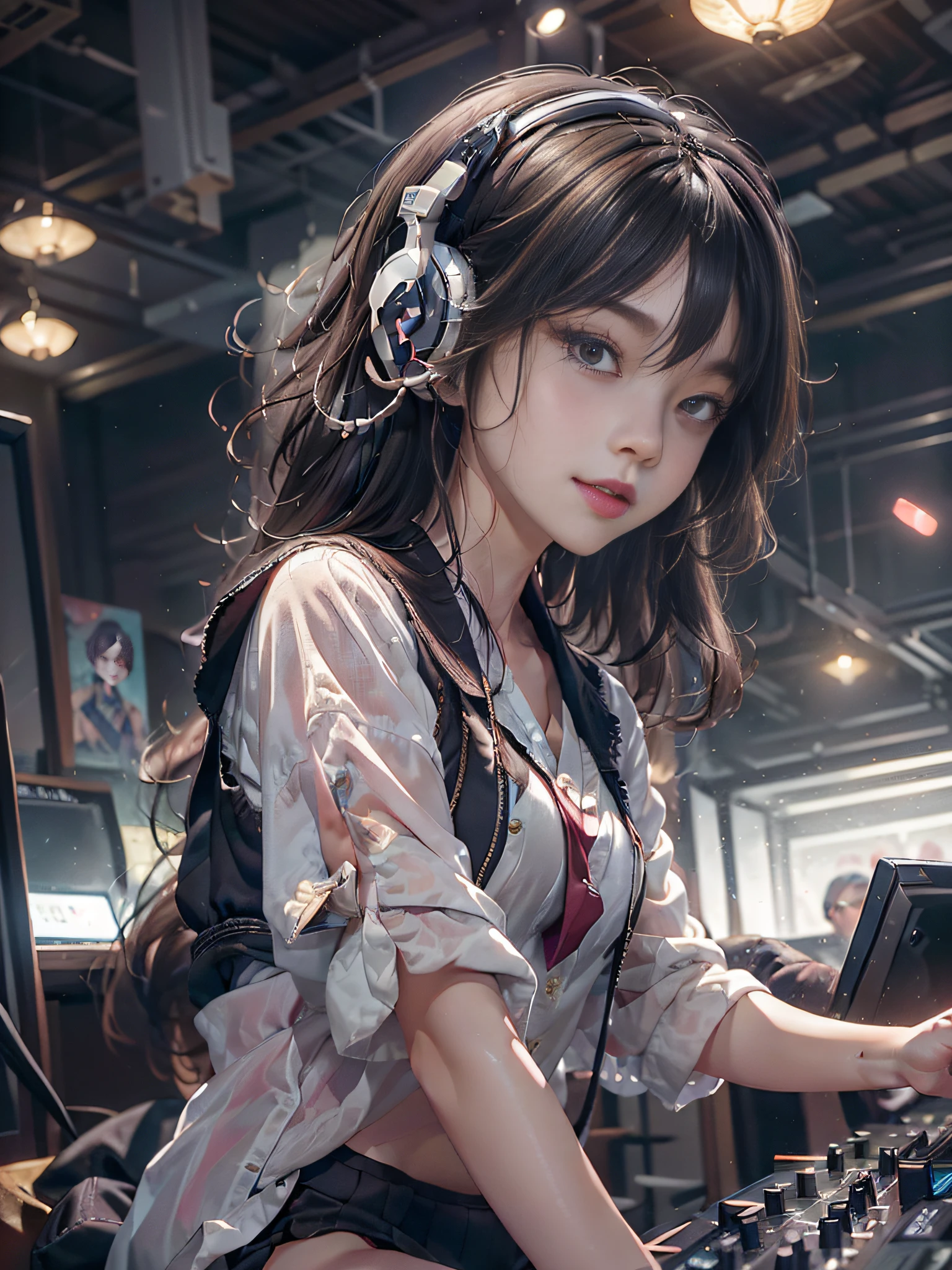 Arafede woman in DJ venue wearing headphones, ((A look of joy,Ephemeral woman)),nightcore, with headphone, Kantai collection style, Soft lighting, with headphone, DJ female, Anime moe art style,I'm a DJ,((They are very focused:1.5)),small tits,Slim figure,extremely detailed eye and face、beatiful detailed eyes,Beautiful skins,finedetail、Smooth hair,detailed hairs,Very fine hair,Cool makeup,low brow、Whitening effect,Thin eyebrows and thin eyebrows,Milky skin,DJs focus on the venue,(A scene from the venue),((The eyes are on the venue)),The DJ machine is well operated