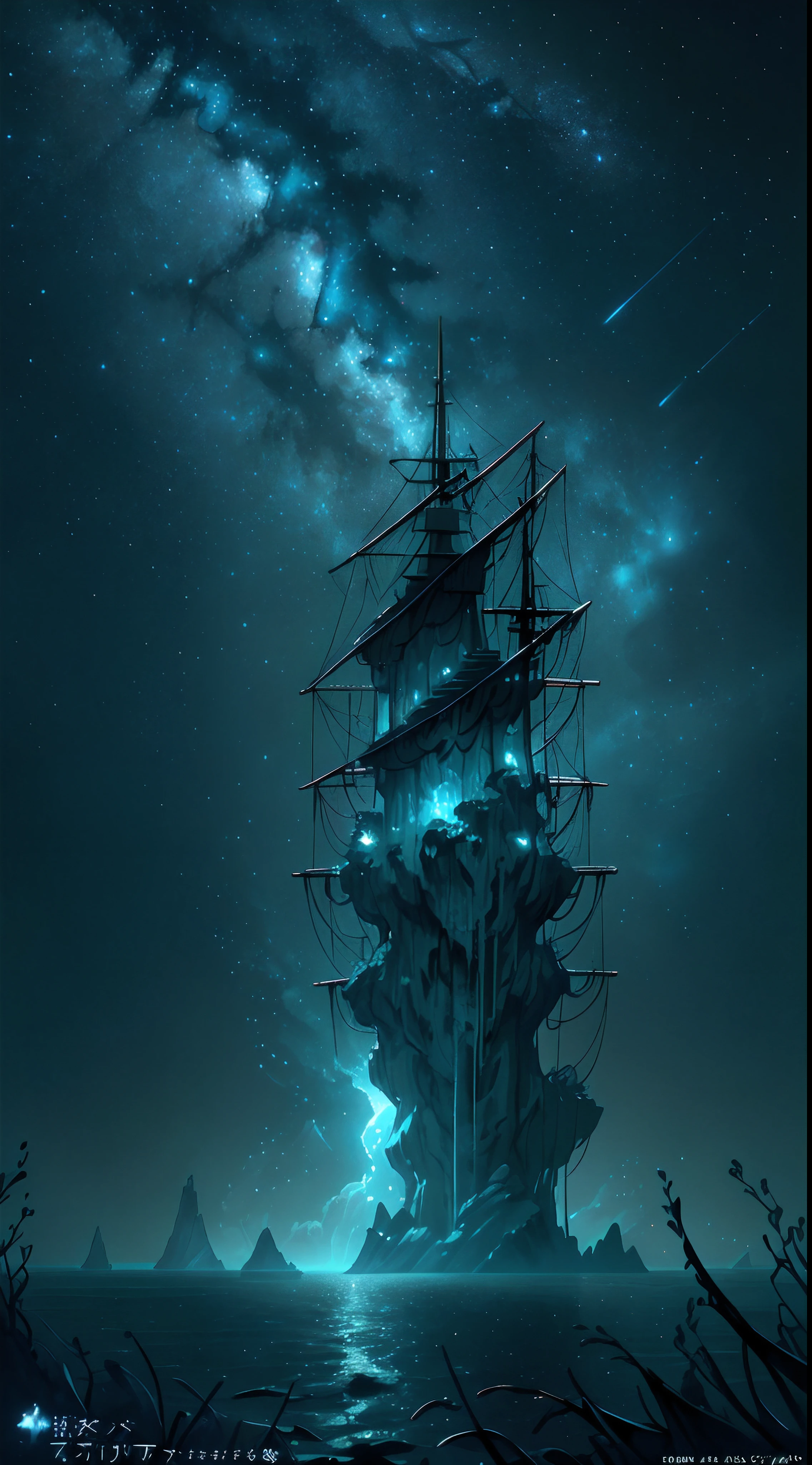 In the dark there is a ocean brightening like moon , there is one big whale faraway in the ocean came out to breathe and stars all over the sky, ultra-detailed, ultra lighting, detailed, AOT style, concept art, 2.5 d art, illustration, dark mode,shinning, crispy edges, falling star