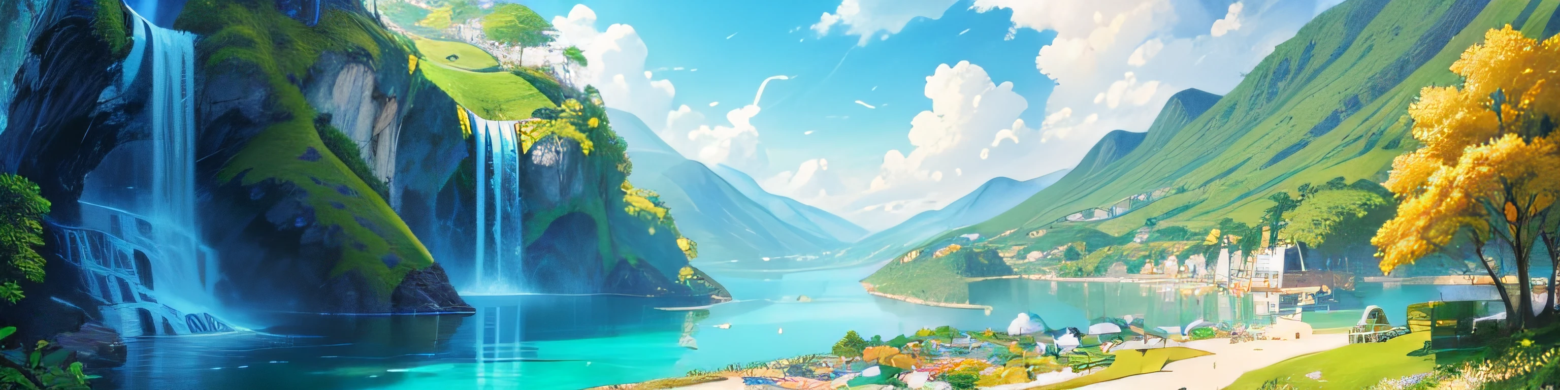 High-resolution, picturesque painting, idyllic world, vibrant blue sky, golden sun, peaceful landscape, joyful atmosphere, tranquil waters, lush greenery, happy people, harmonious scene, natural beauty, scenic view, dreamy, serene ambiance, optimistic mood, daydream-worthy, blissful paradise.