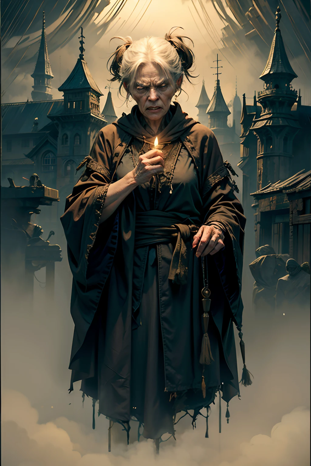 An angry old woman, with a deadly scowl, wearing tattered robes, holding a dim candle, background is dark, misty rain, mood is gloomy, desperate, confining, depressing, night time light, character design.